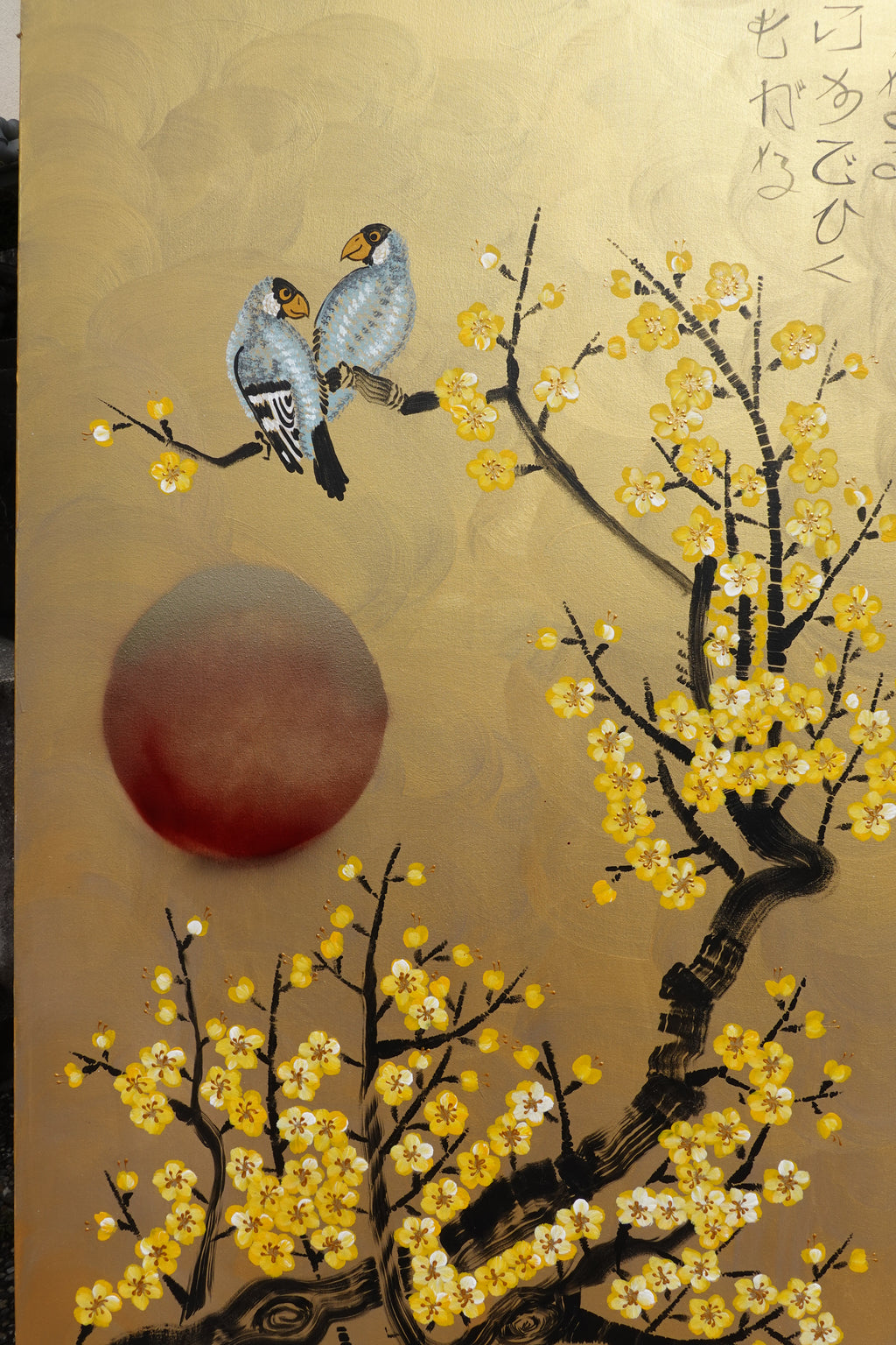Love Birds and Sakura J497 — gold Japanese Painting | Large Acrylic on Canvas | Ksavera