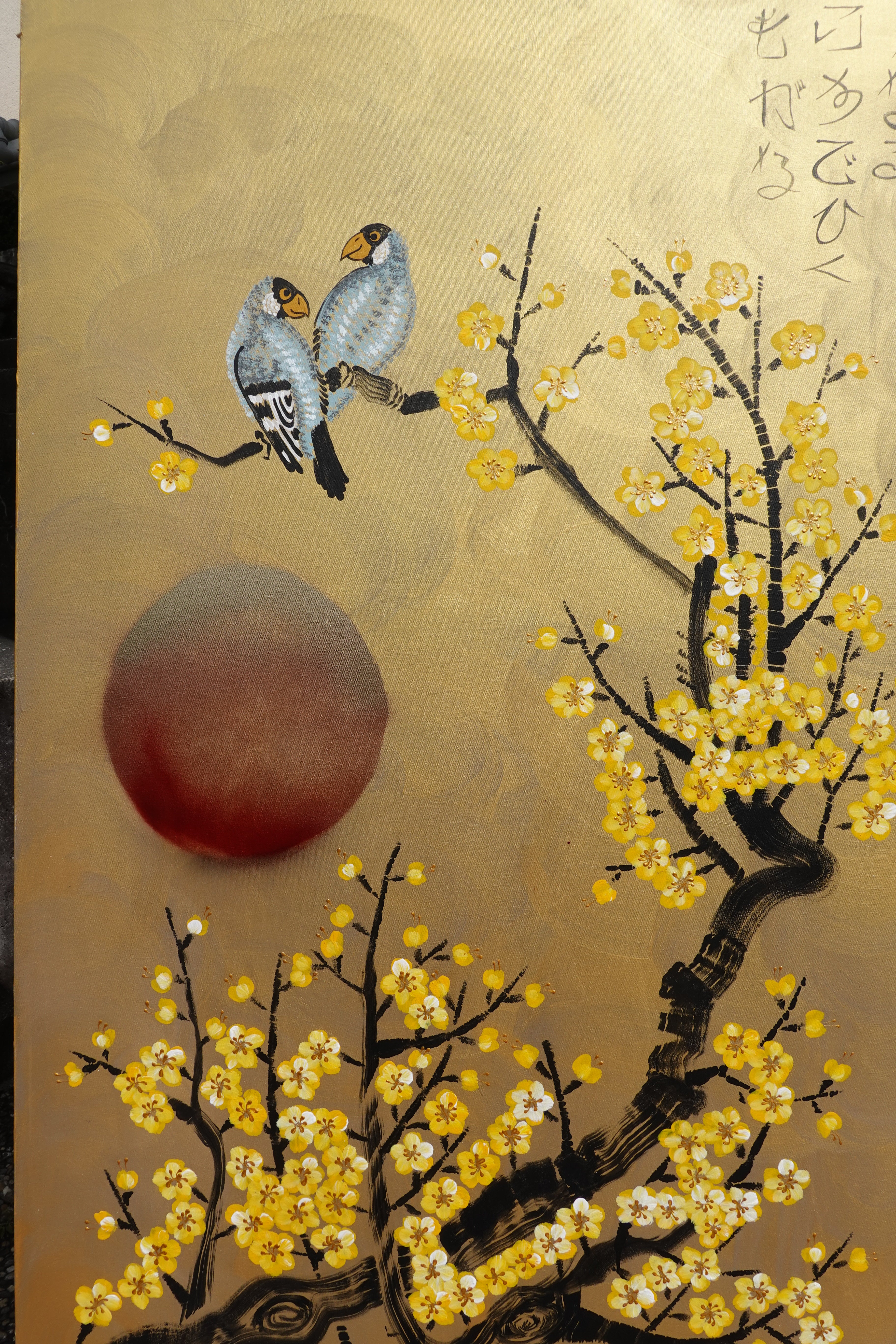 Love Birds and Sakura J497 — gold Japanese Painting | Large Acrylic on Canvas | Ksavera