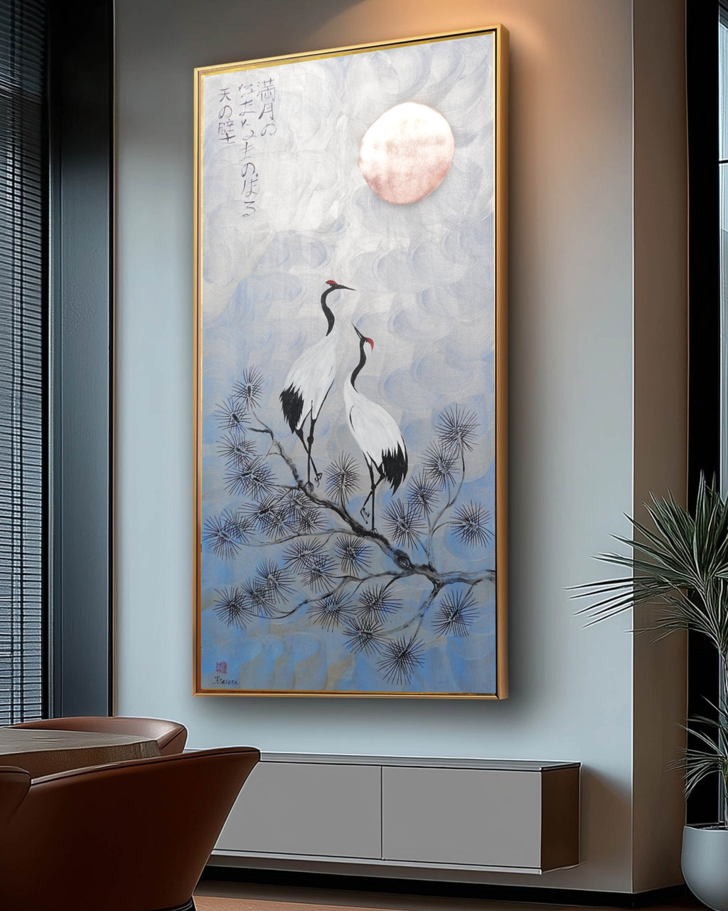 Cranes J498 — silver blue Japanese Painting | Large Acrylic on Canvas | Ksavera
