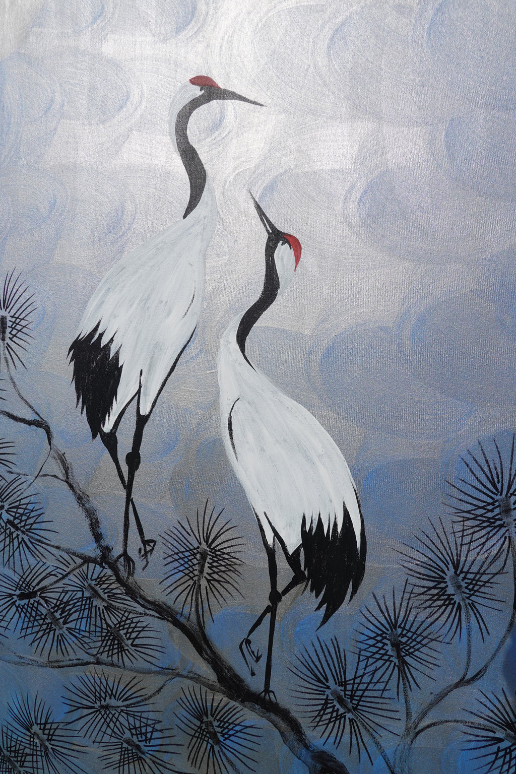 Cranes J498 — silver blue Japanese Painting | Large Acrylic on Canvas | Ksavera