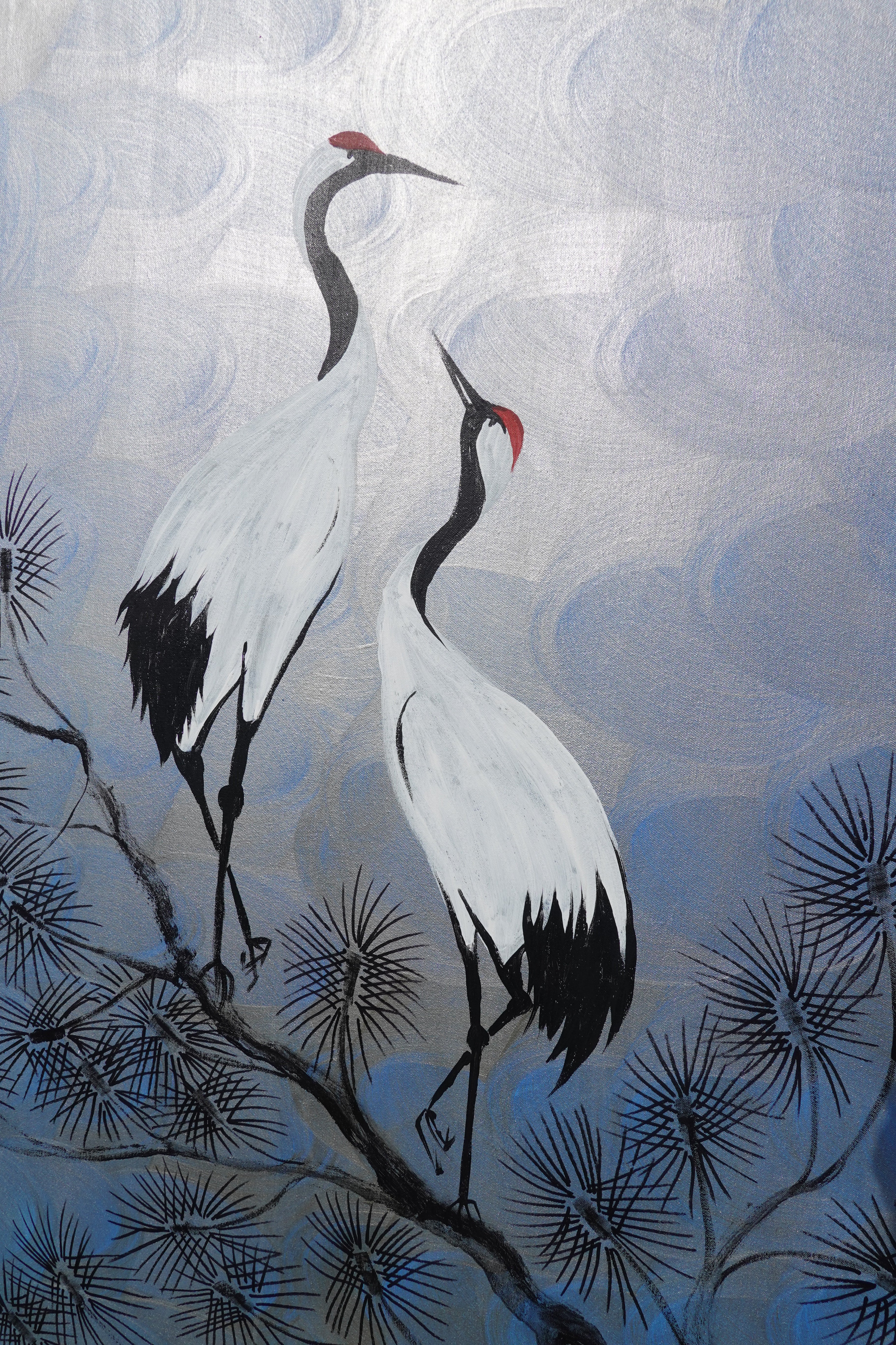 Cranes J498 — silver blue Japanese Painting | Large Acrylic on Canvas | Ksavera