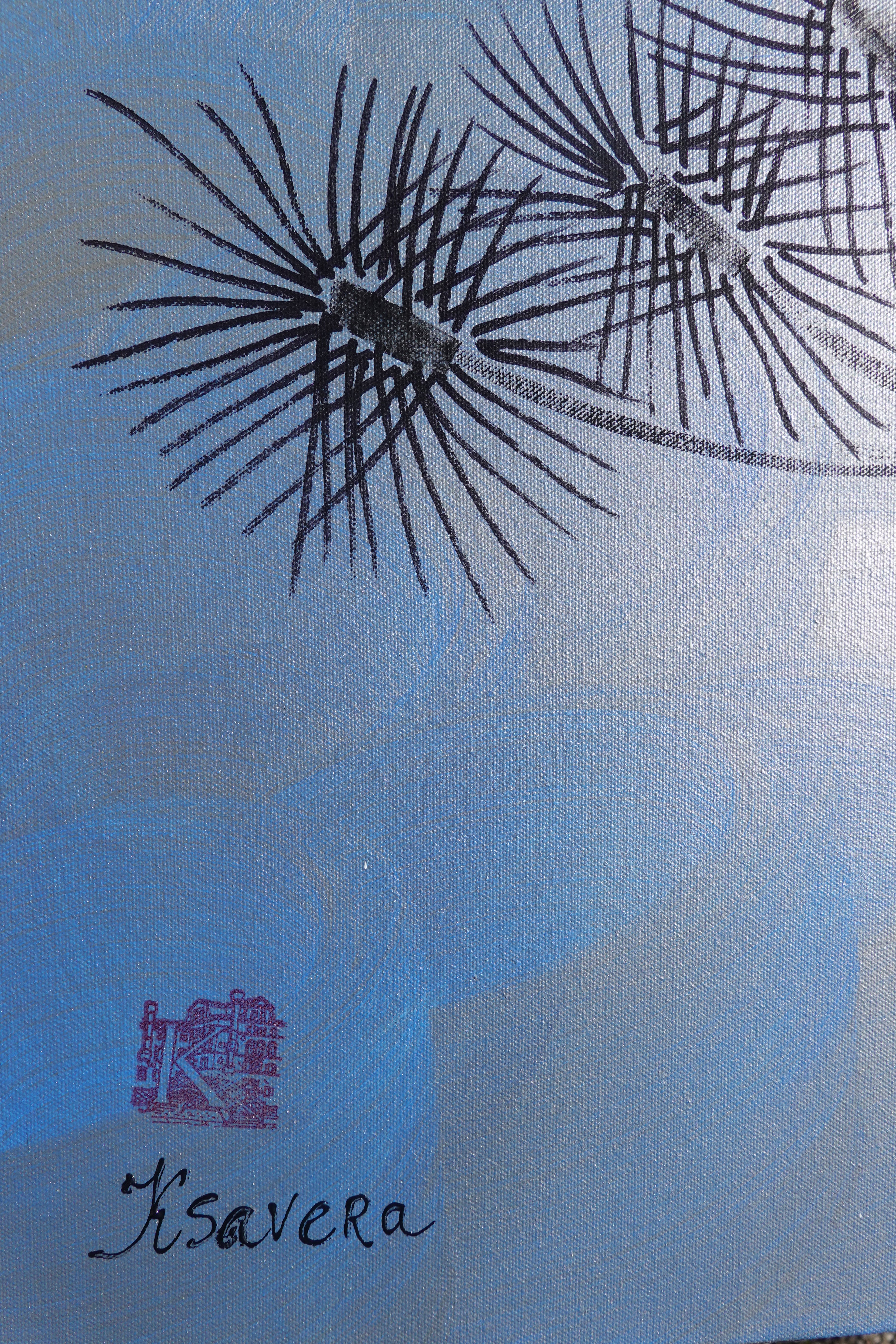 Cranes J498 — silver blue Japanese Painting | Large Acrylic on Canvas | Ksavera