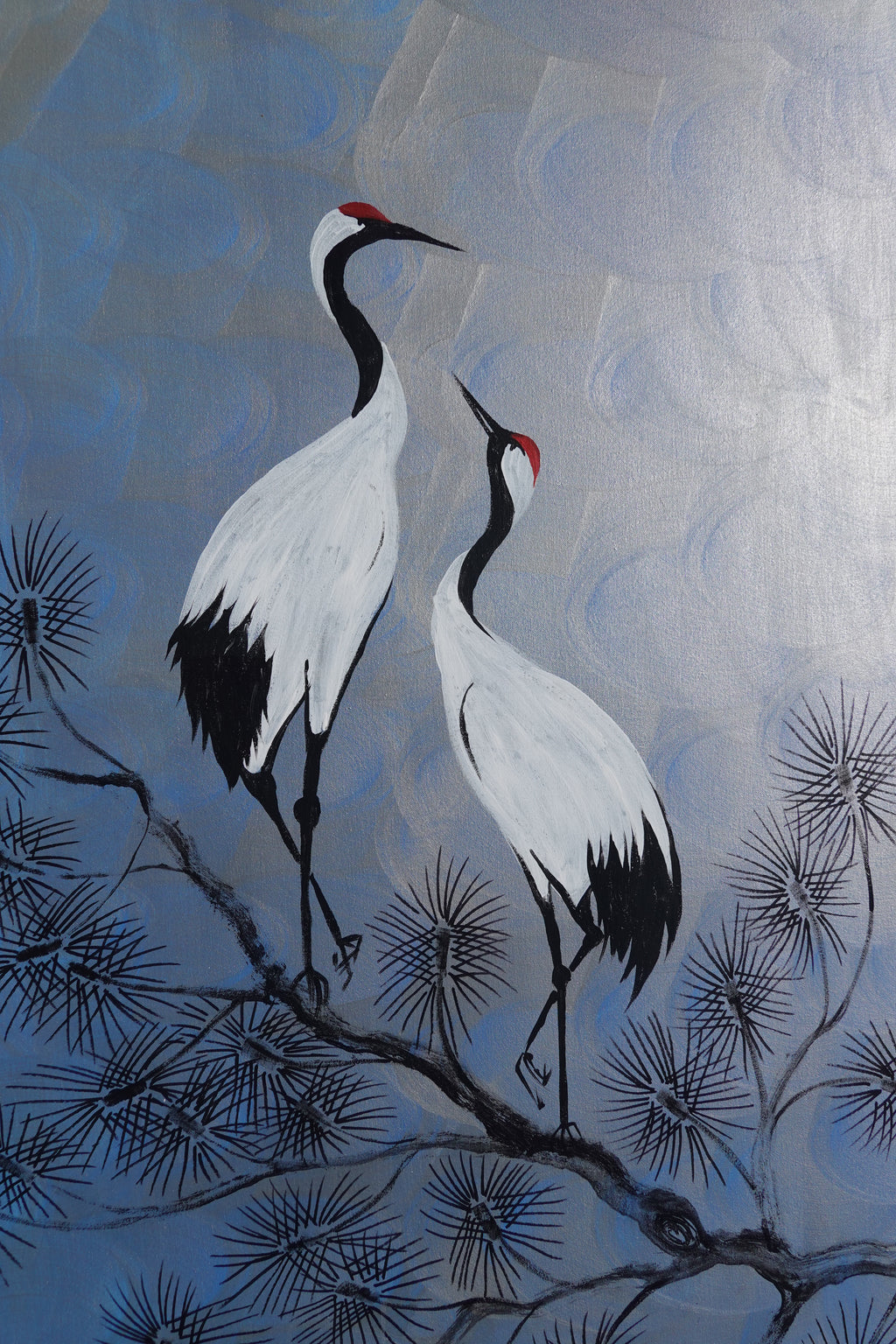 Cranes J498 — silver blue Japanese Painting | Large Acrylic on Canvas | Ksavera