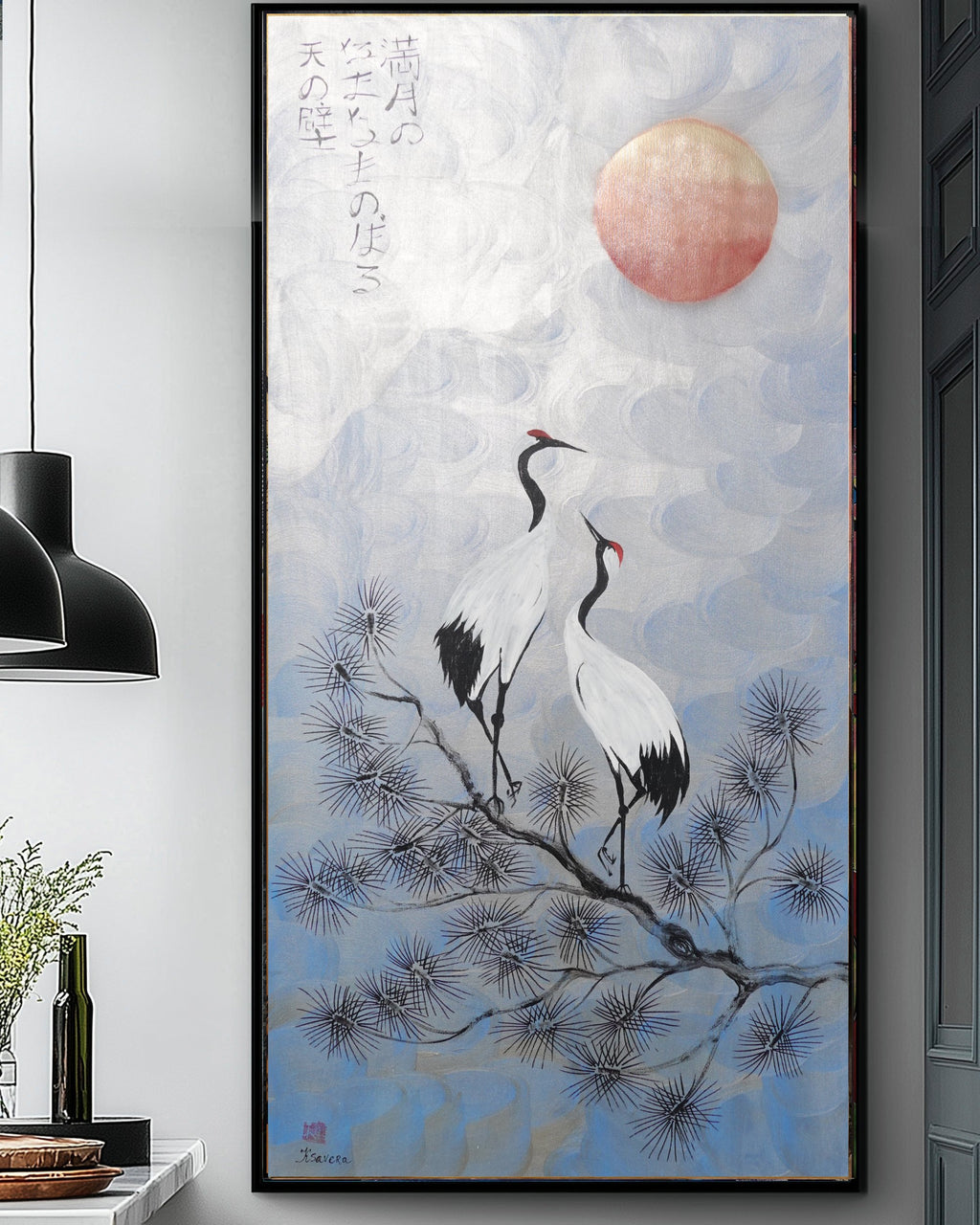 Cranes J498 — silver blue Japanese Painting | Large Acrylic on Canvas | Ksavera