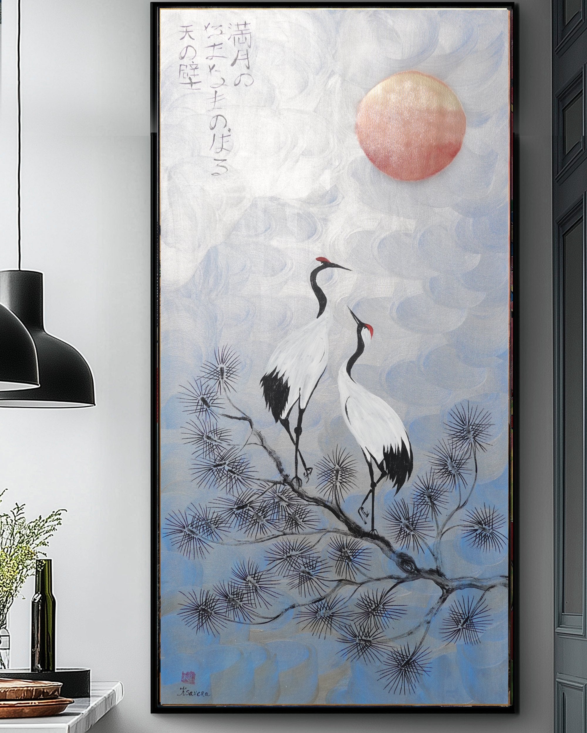 Cranes J498 — silver blue Japanese Painting | Large Acrylic on Canvas | Ksavera