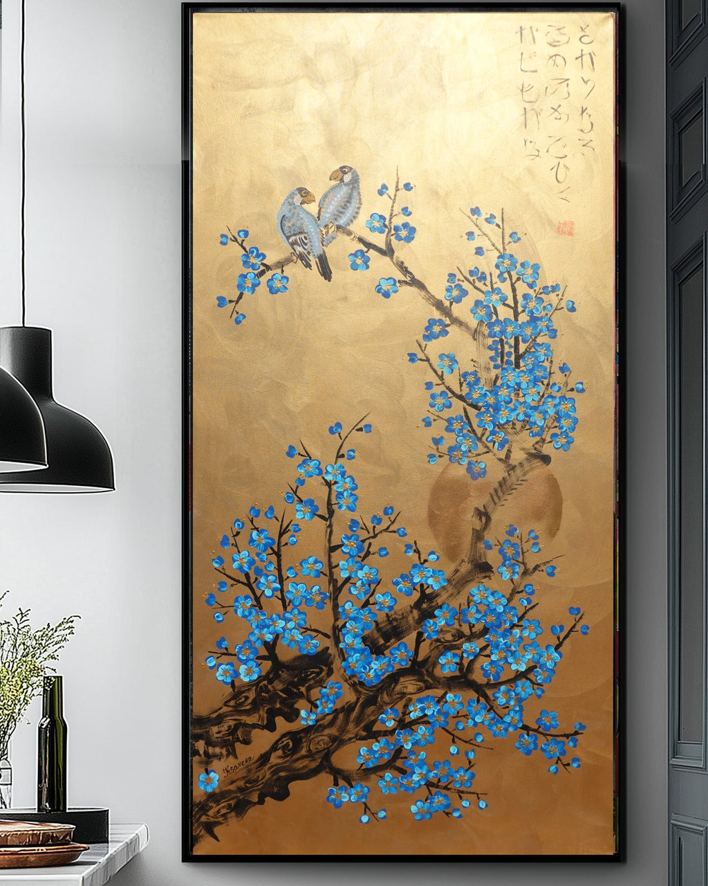 Love Birds and Sakura J500 — gold Japanese Painting | Large Acrylic on Canvas | Ksavera