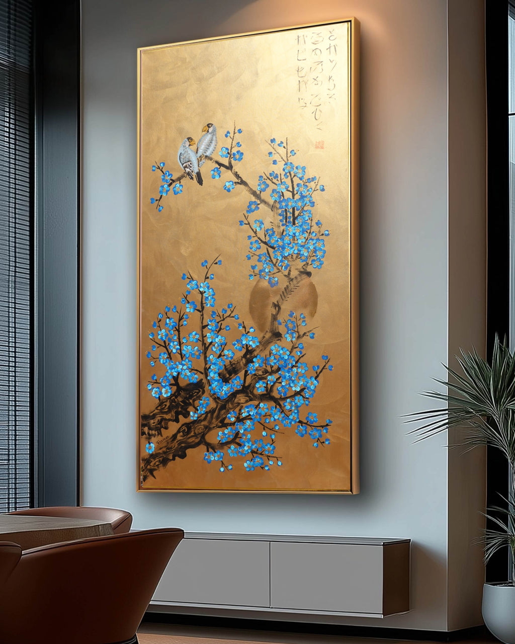 Love Birds and Sakura J500 — gold Japanese Painting | Large Acrylic on Canvas | Ksavera