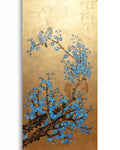 Love Birds and Sakura J500 — gold Japanese Painting | Large Acrylic on Canvas | Ksavera