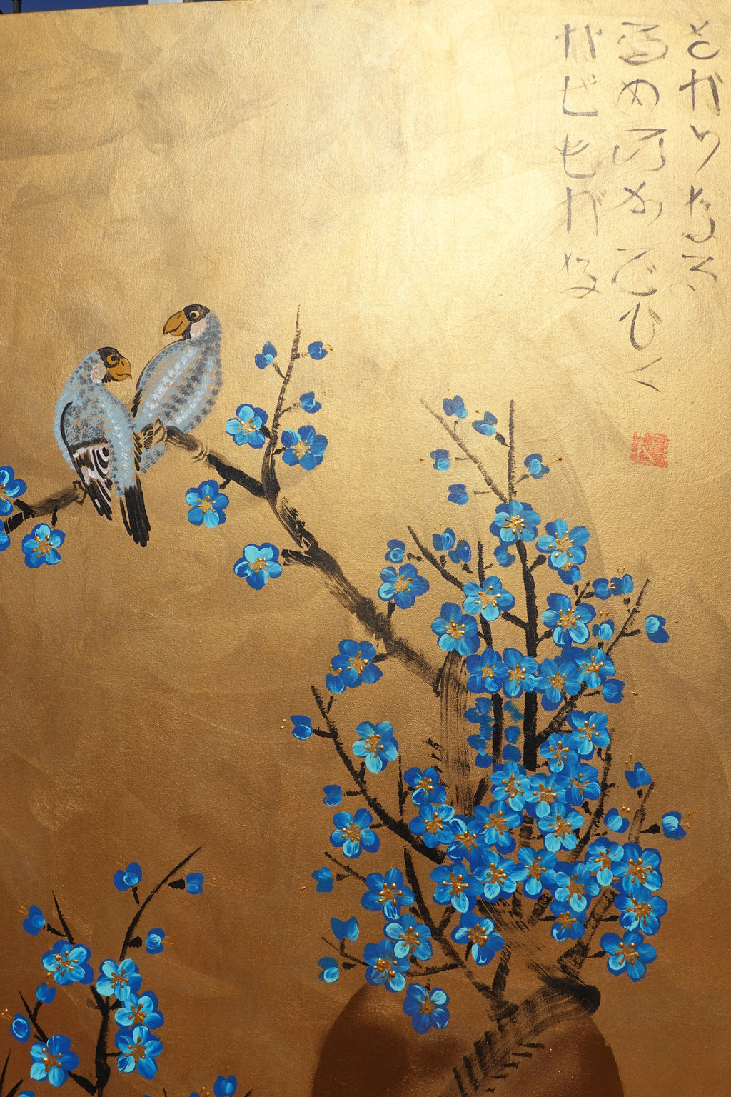 Love Birds and Sakura J500 — gold Japanese Painting | Large Acrylic on Canvas | Ksavera