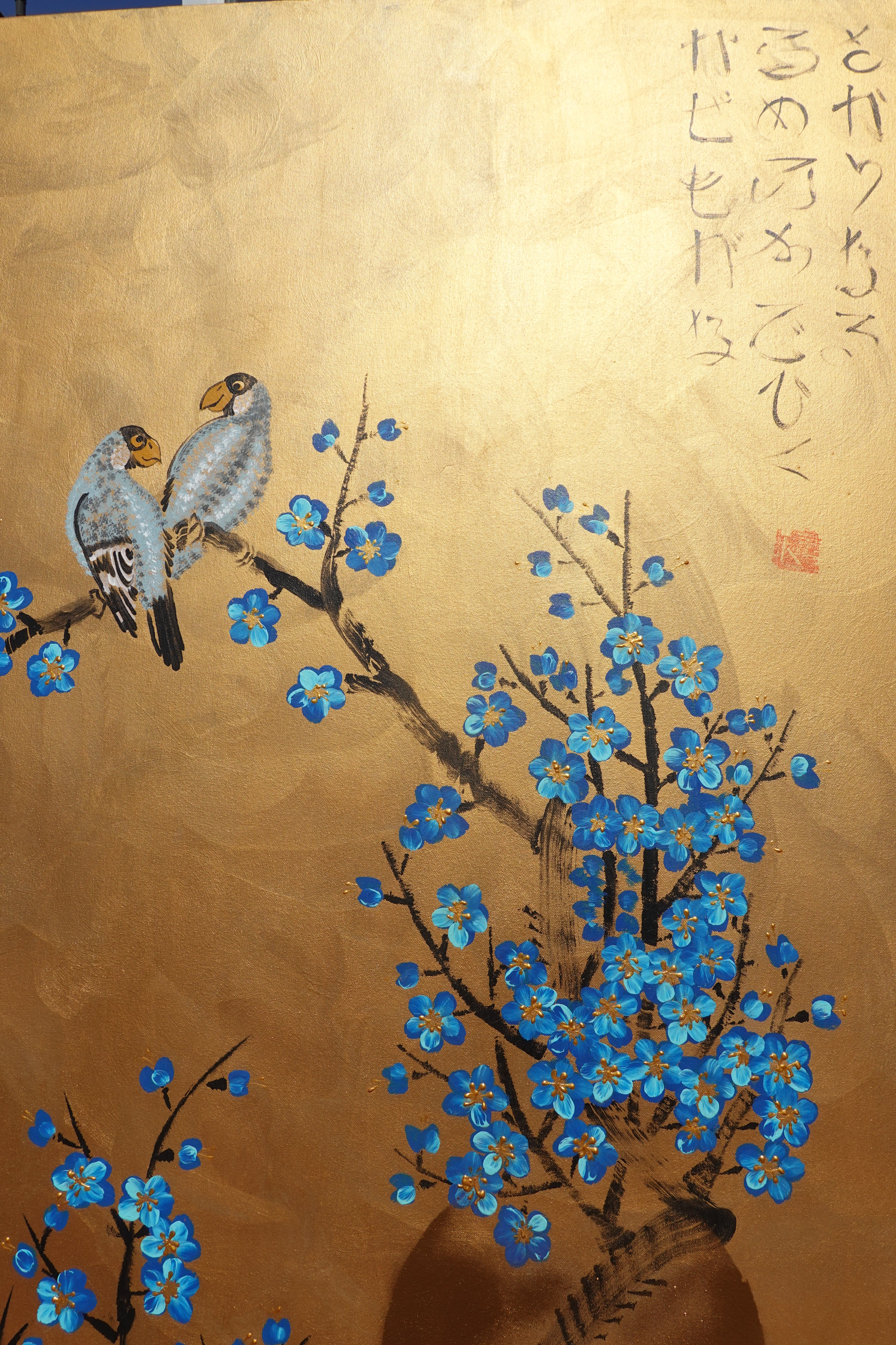 Love Birds and Sakura J500 — gold Japanese Painting | Large Acrylic on Canvas | Ksavera