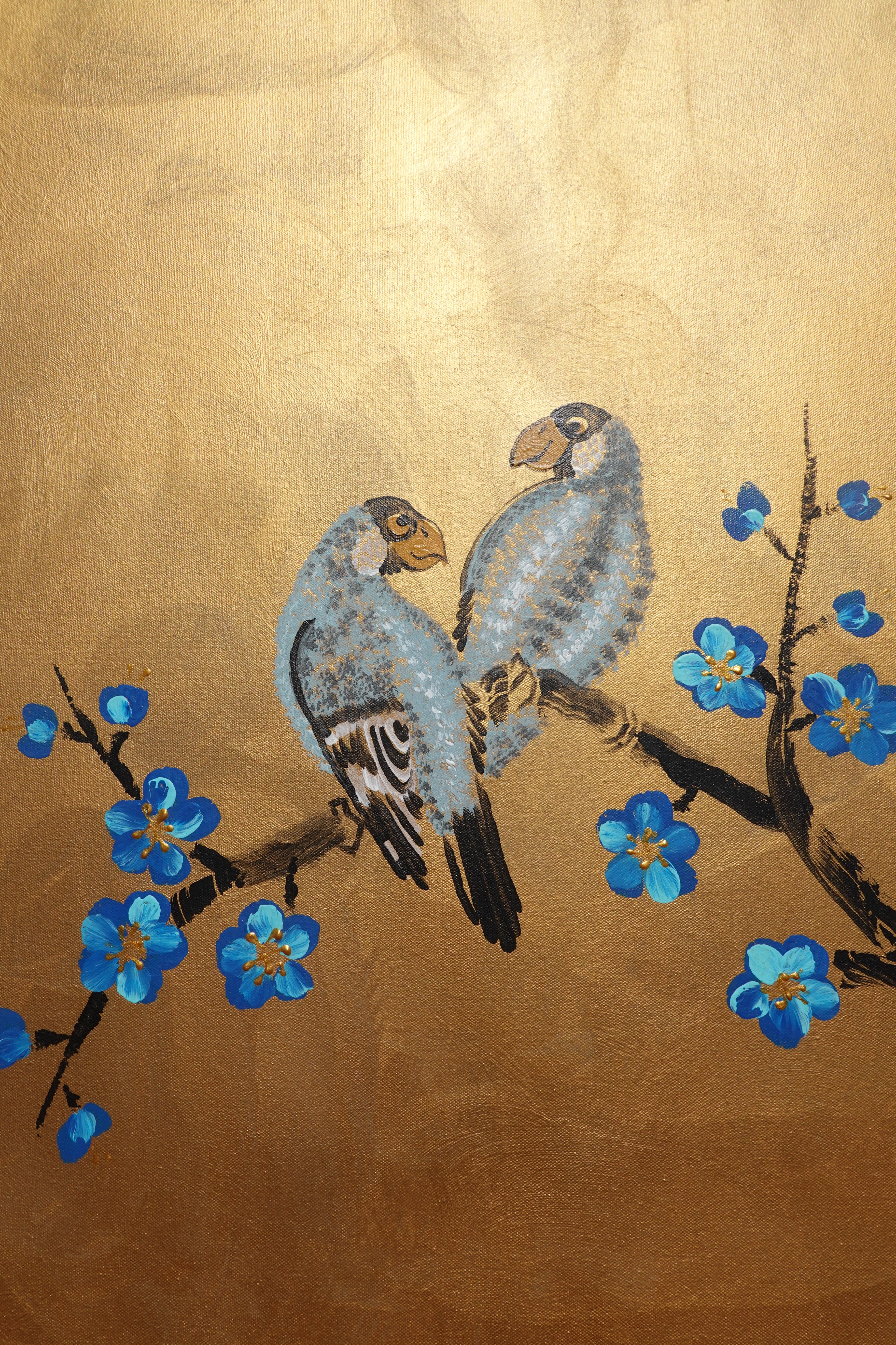 Love Birds and Sakura J500 — gold Japanese Painting | Large Acrylic on Canvas | Ksavera