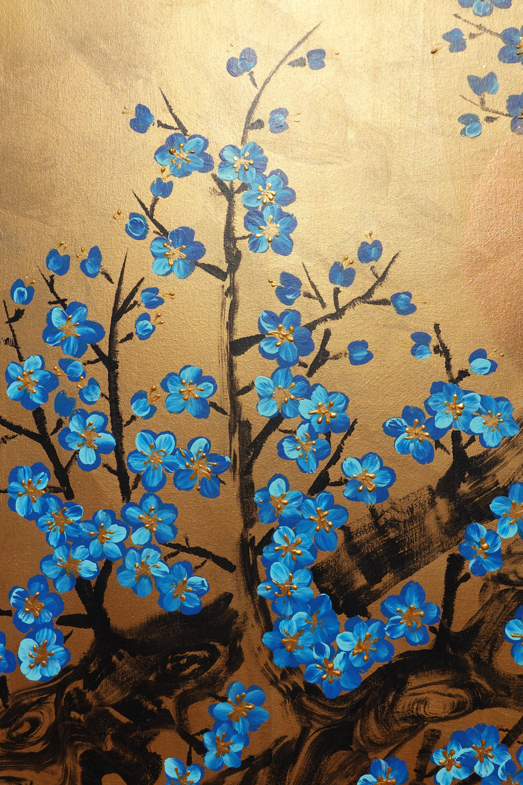 Love Birds and Sakura J500 — gold Japanese Painting | Large Acrylic on Canvas | Ksavera