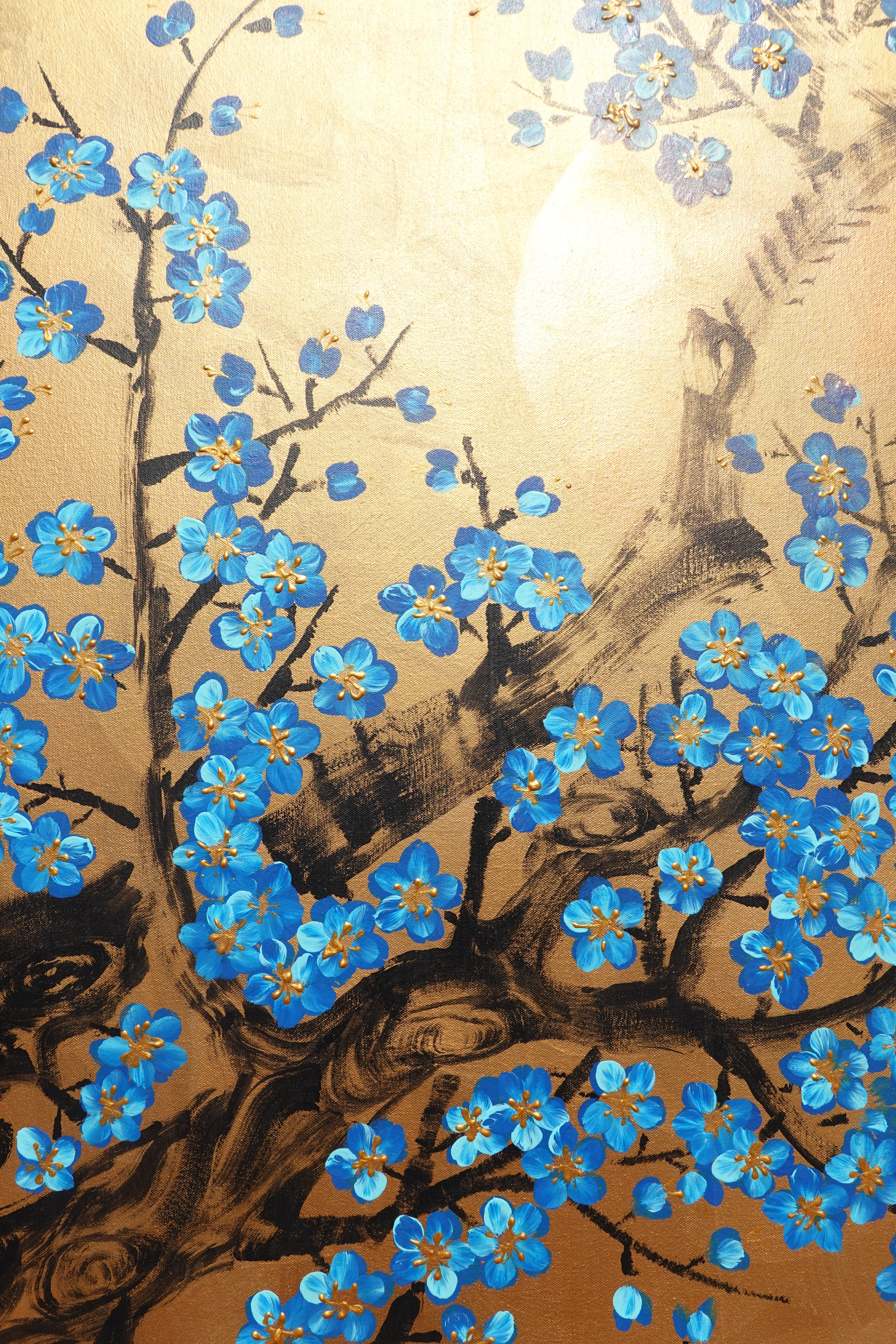 Love Birds and Sakura J500 — gold Japanese Painting | Large Acrylic on Canvas | Ksavera