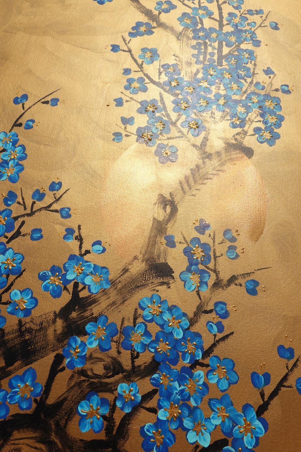 Love Birds and Sakura J500 — gold Japanese Painting | Large Acrylic on Canvas | Ksavera
