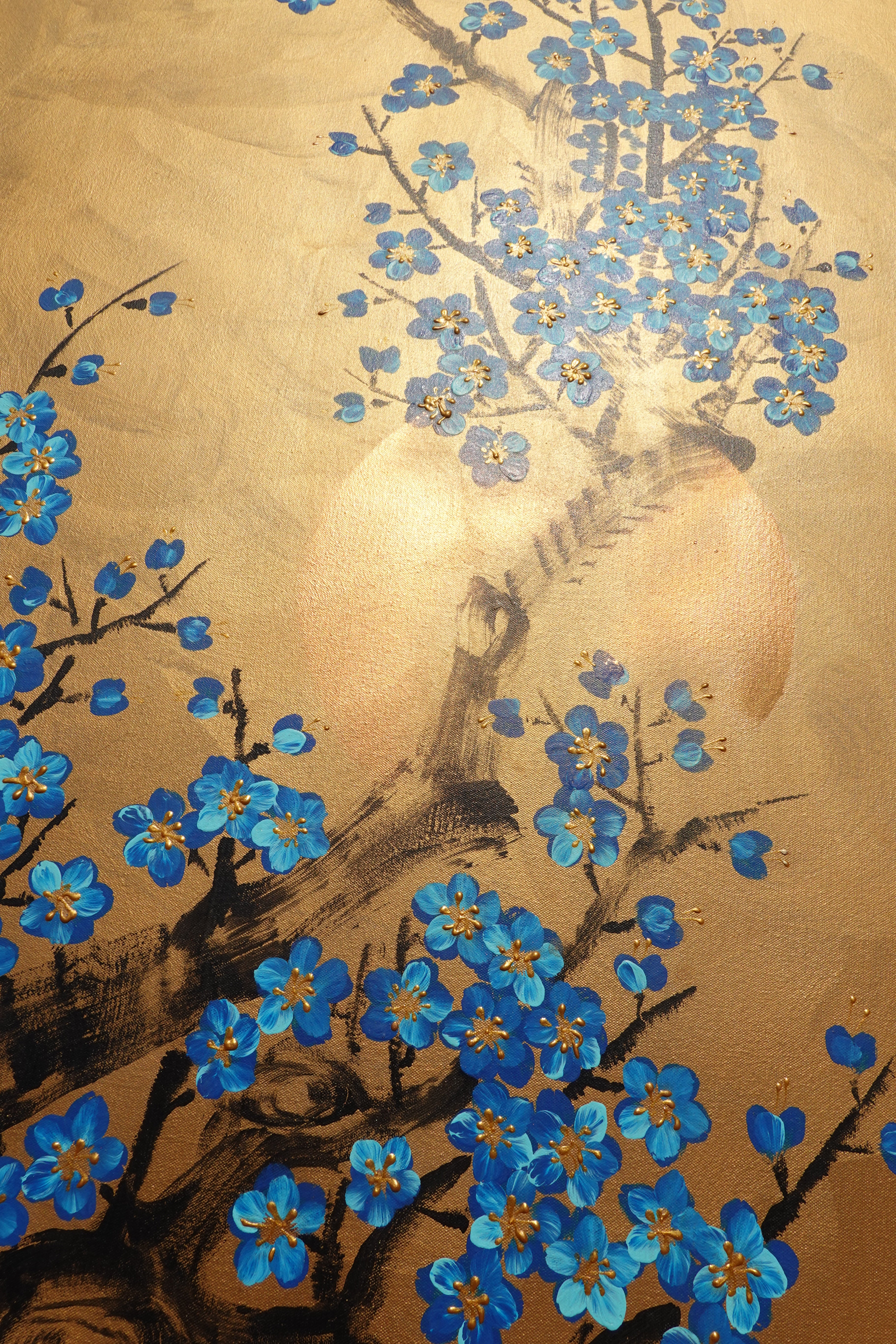 Love Birds and Sakura J500 — gold Japanese Painting | Large Acrylic on Canvas | Ksavera