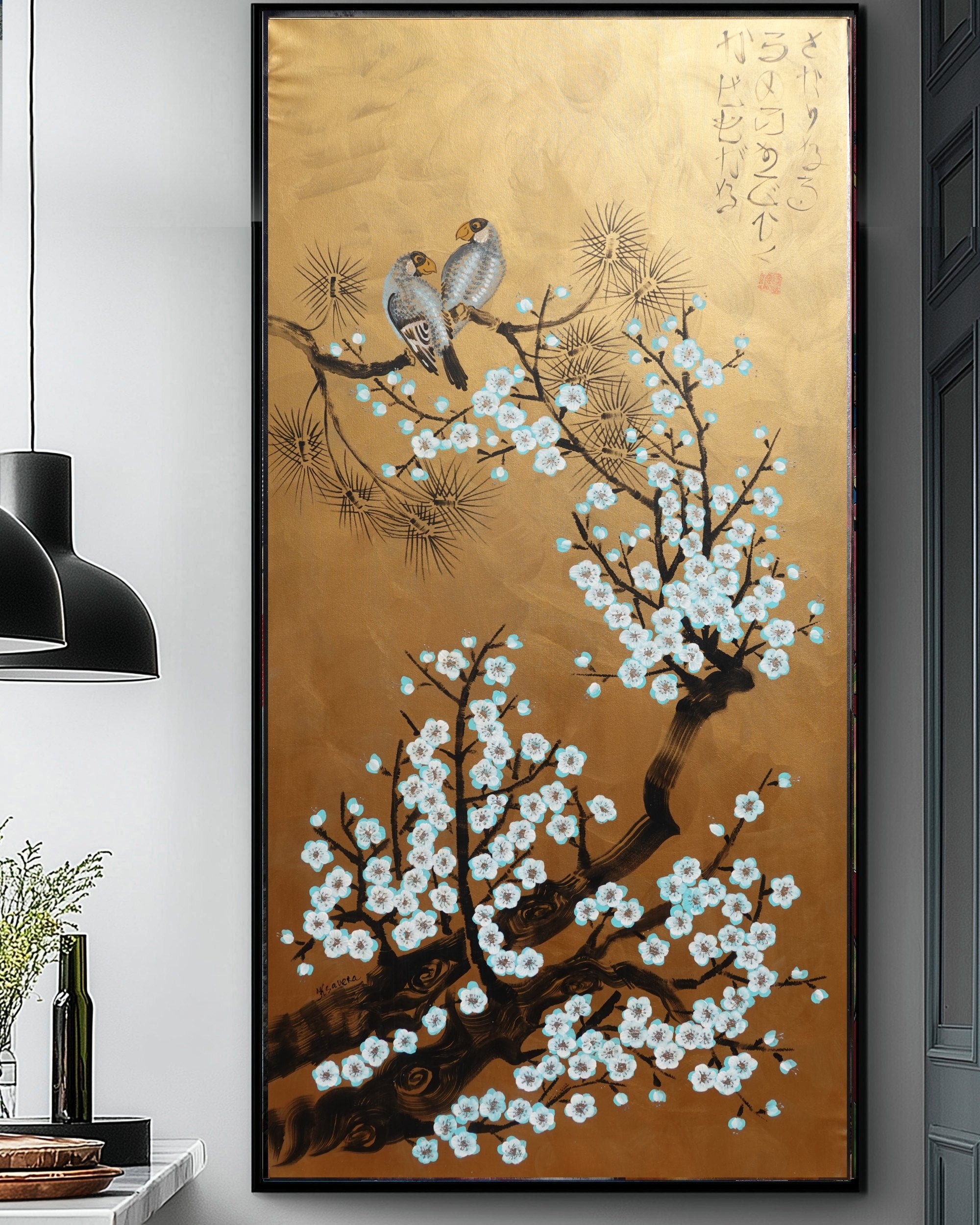 Love Birds and Sakura J501 — gold Japanese Painting | Large Acrylic on Canvas | Ksavera