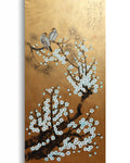 Love Birds and Sakura J501 — gold Japanese Painting | Large Acrylic on Canvas | Ksavera