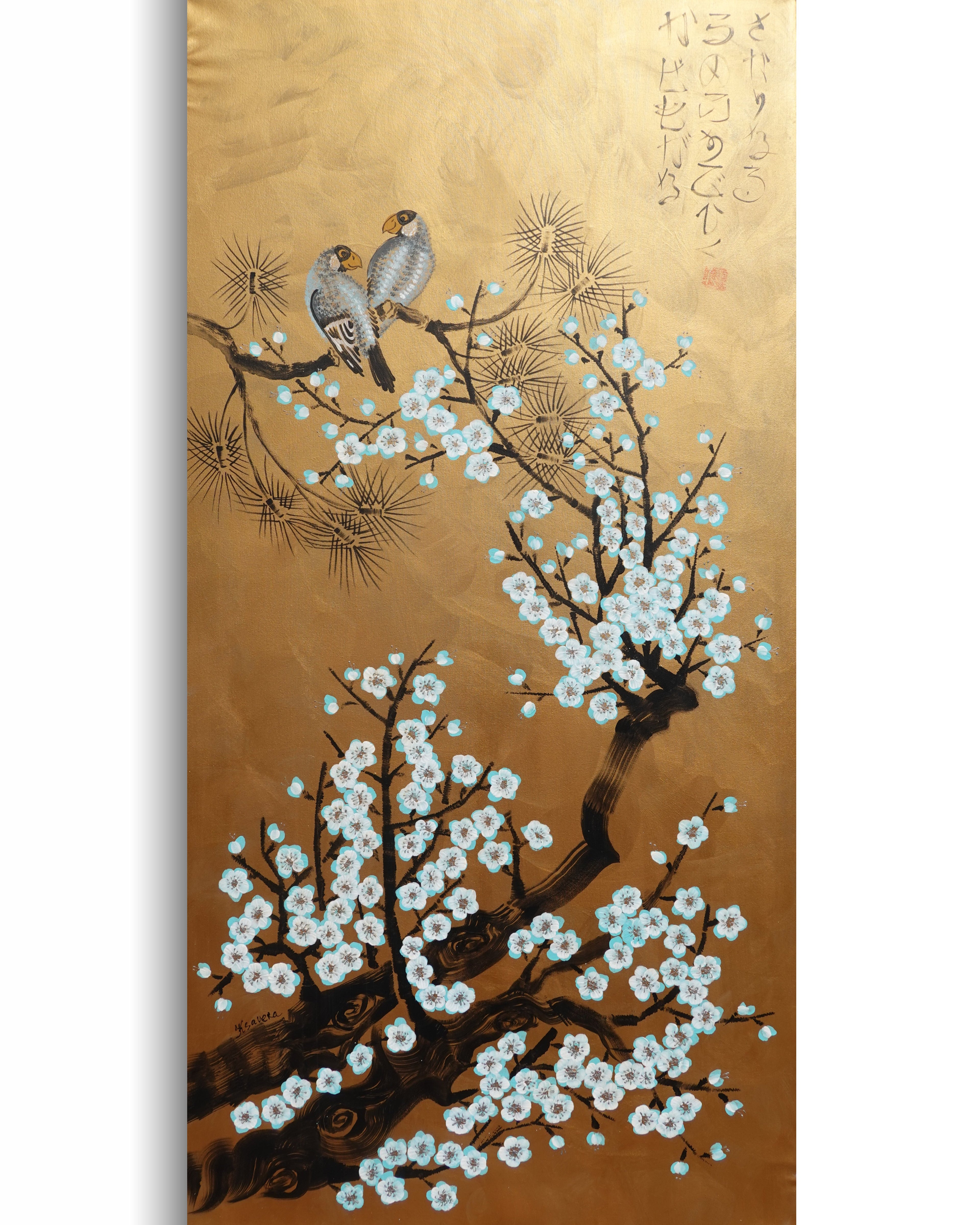 Love Birds and Sakura J501 — gold Japanese Painting | Large Acrylic on Canvas | Ksavera