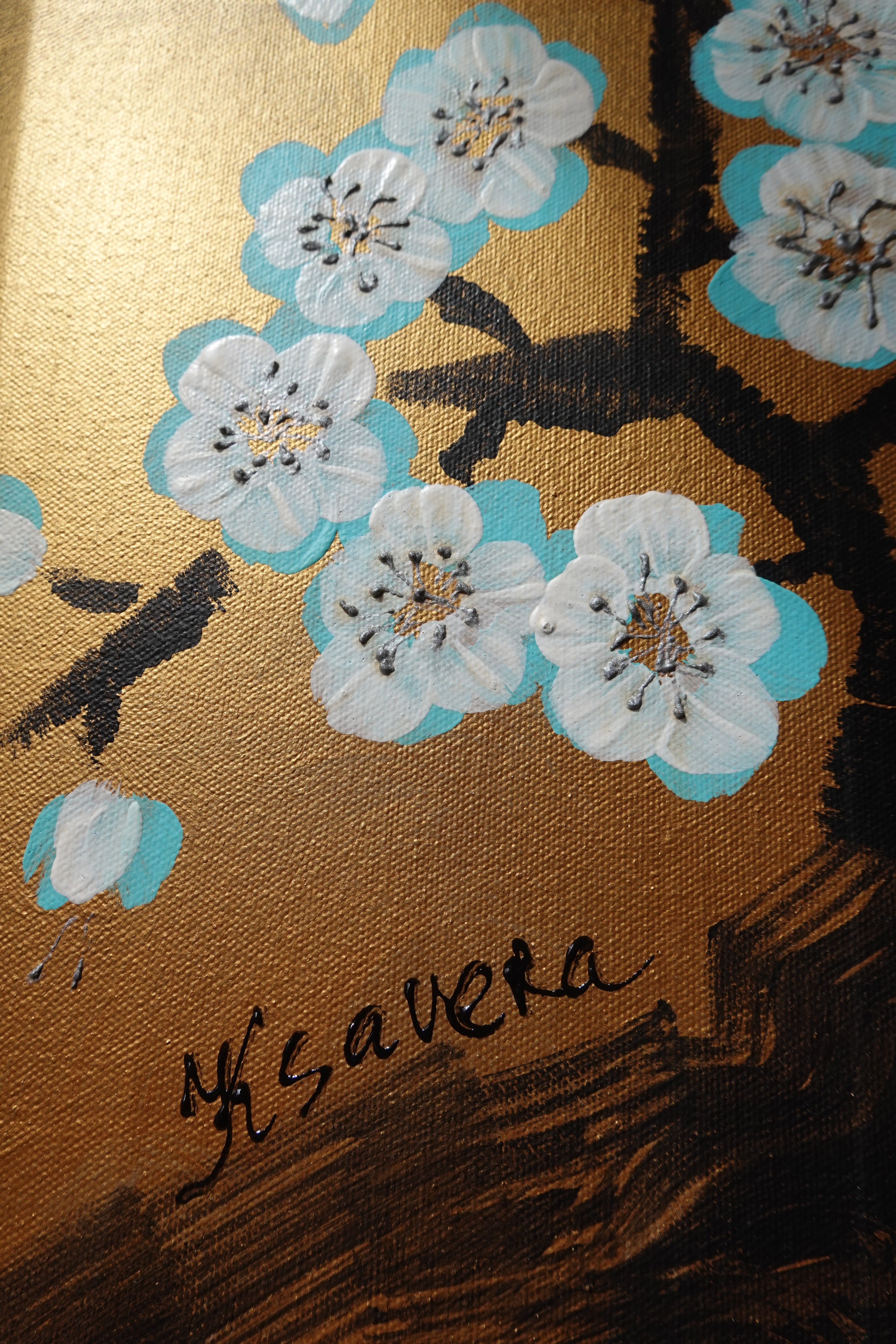 Love Birds and Sakura J501 — gold Japanese Painting | Large Acrylic on Canvas | Ksavera