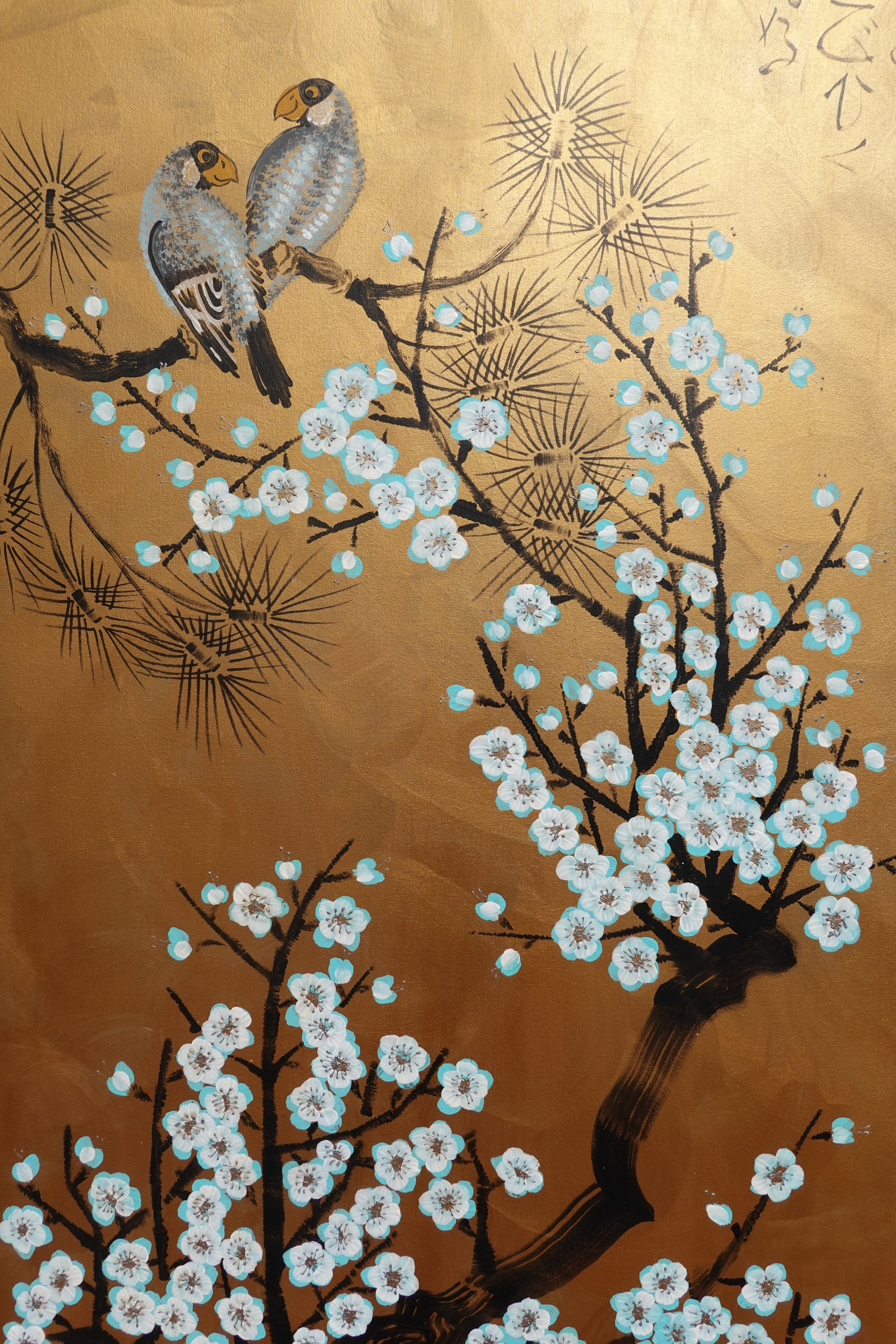 Love Birds and Sakura J501 — gold Japanese Painting | Large Acrylic on Canvas | Ksavera