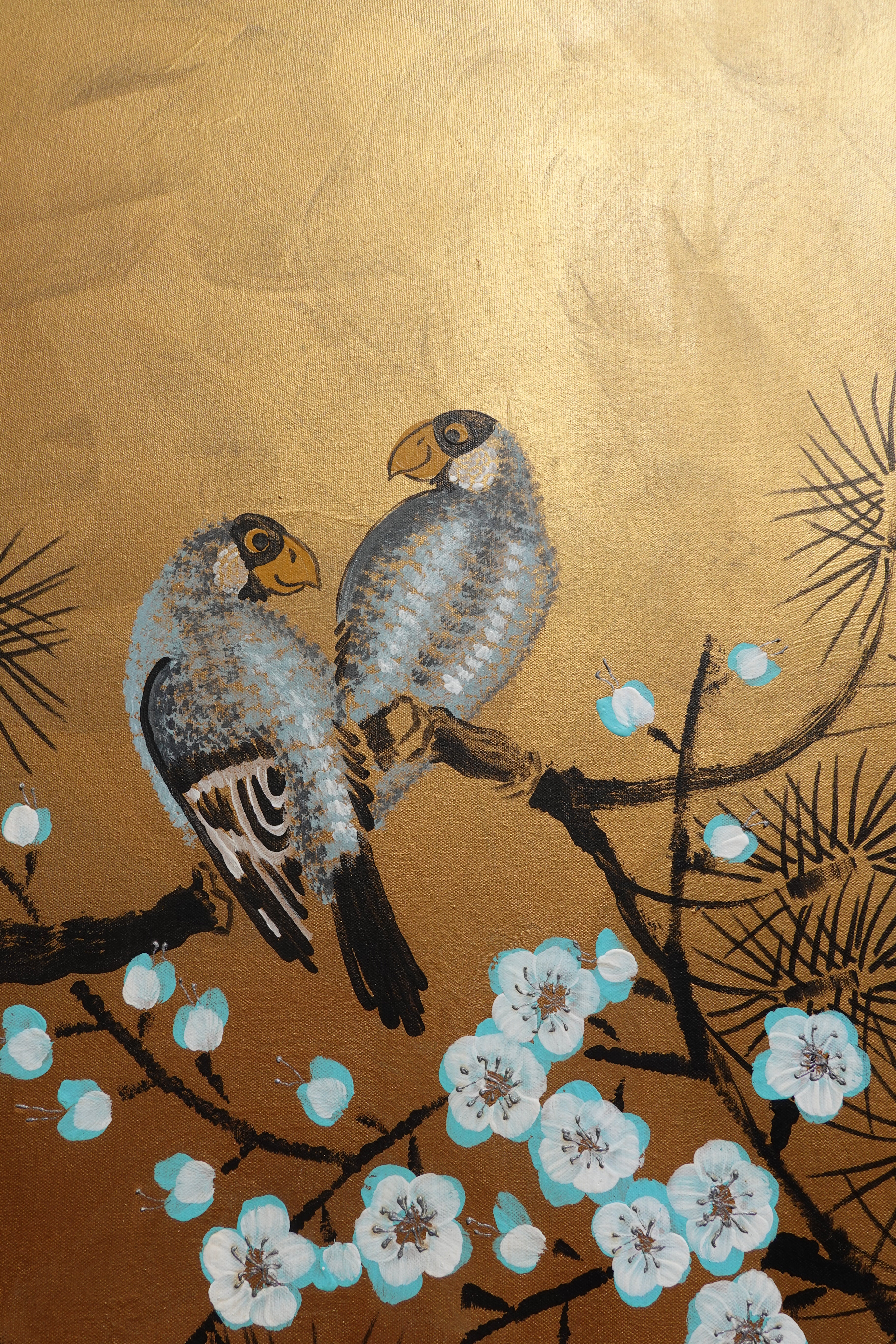 Love Birds and Sakura J501 — gold Japanese Painting | Large Acrylic on Canvas | Ksavera