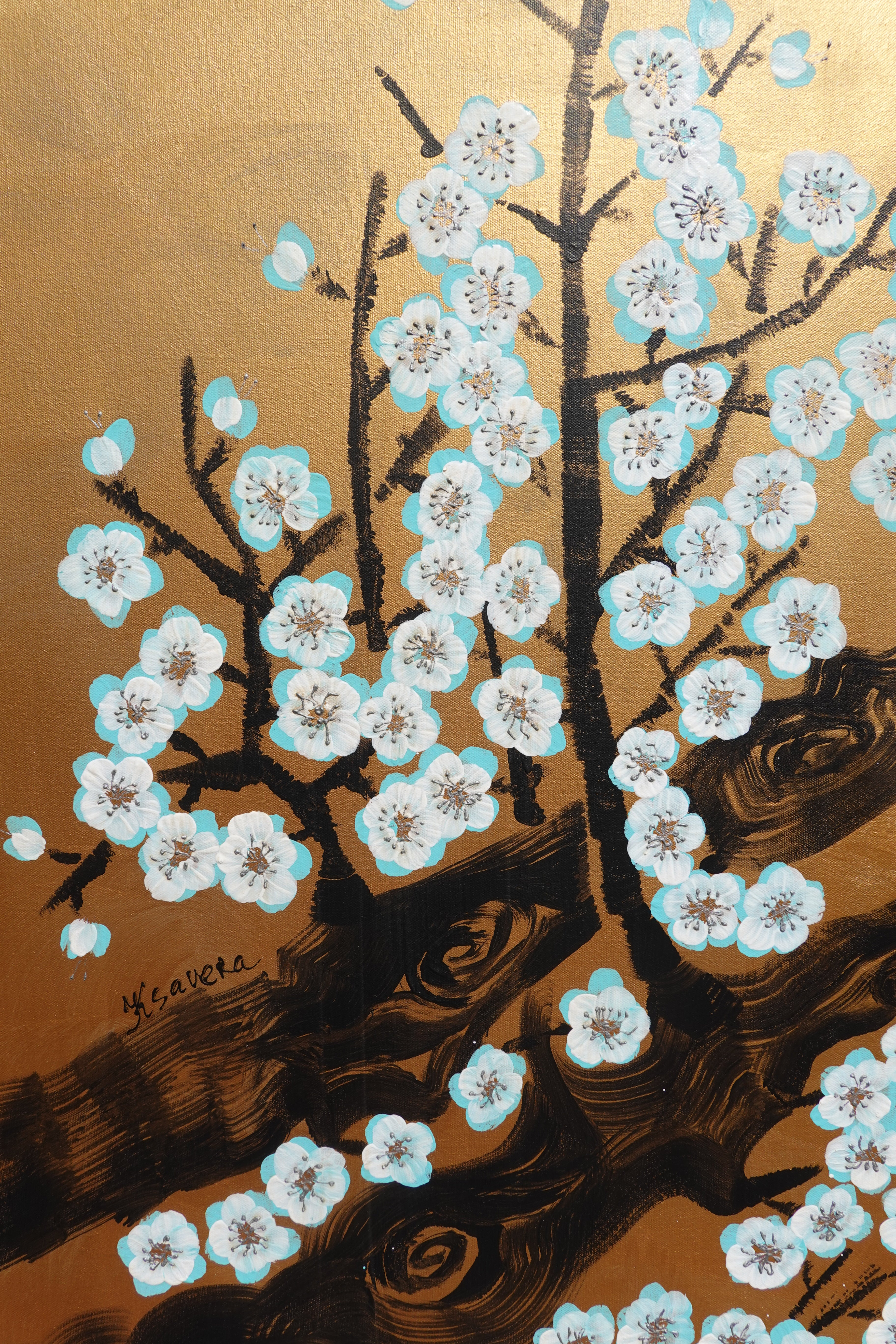 Love Birds and Sakura J501 — gold Japanese Painting | Large Acrylic on Canvas | Ksavera