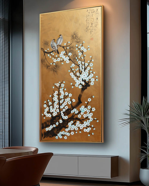 Love Birds and Sakura J501 — gold Japanese Painting | Large Acrylic on Canvas | Ksavera