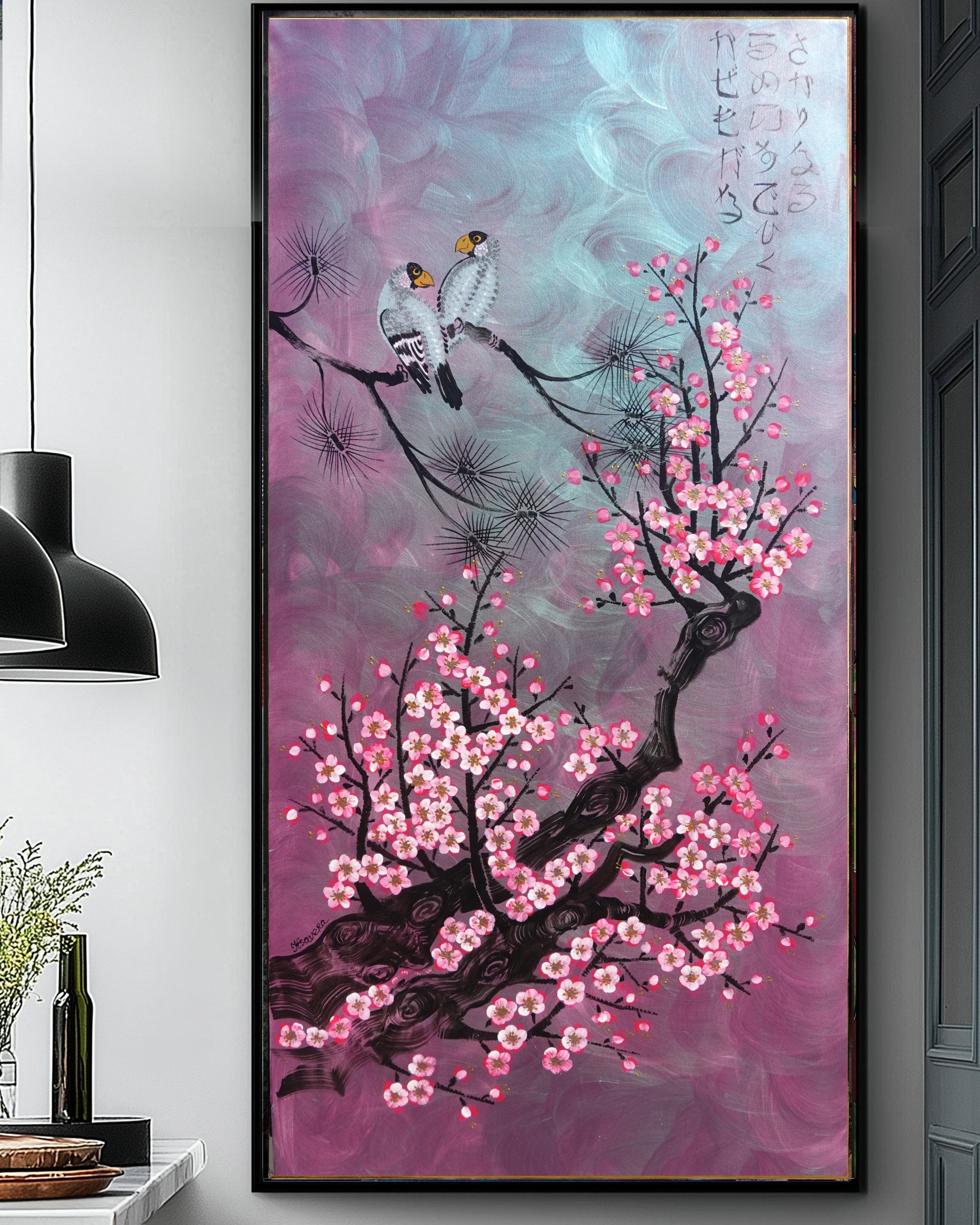 Birds and Sakura J503 — purple pearlescent Japanese Painting