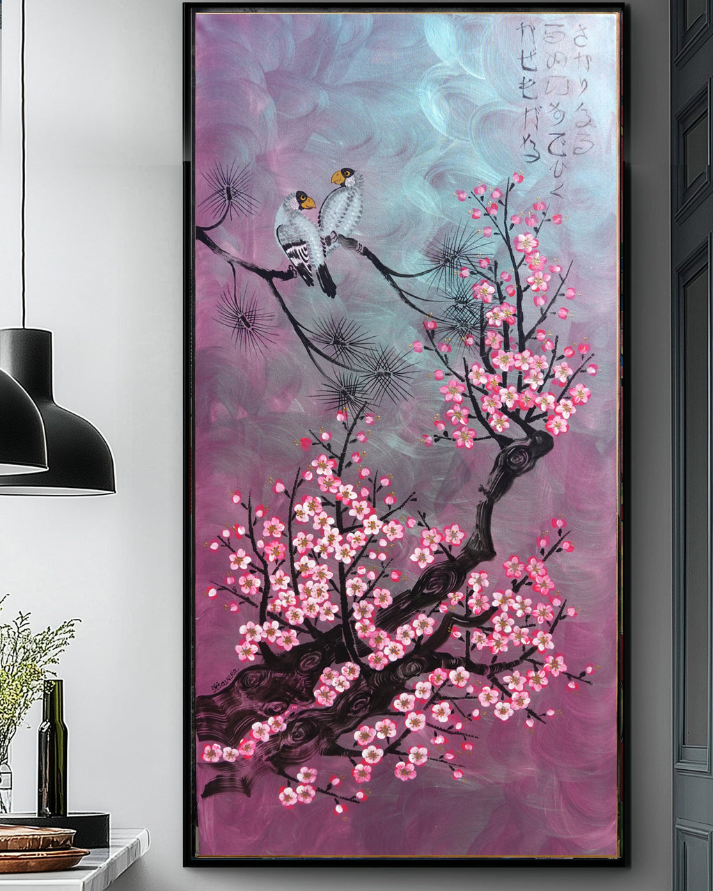Love Birds and Sakura J503 — purple pearlescent Japanese Painting | Large Acrylic on Canvas | Ksavera