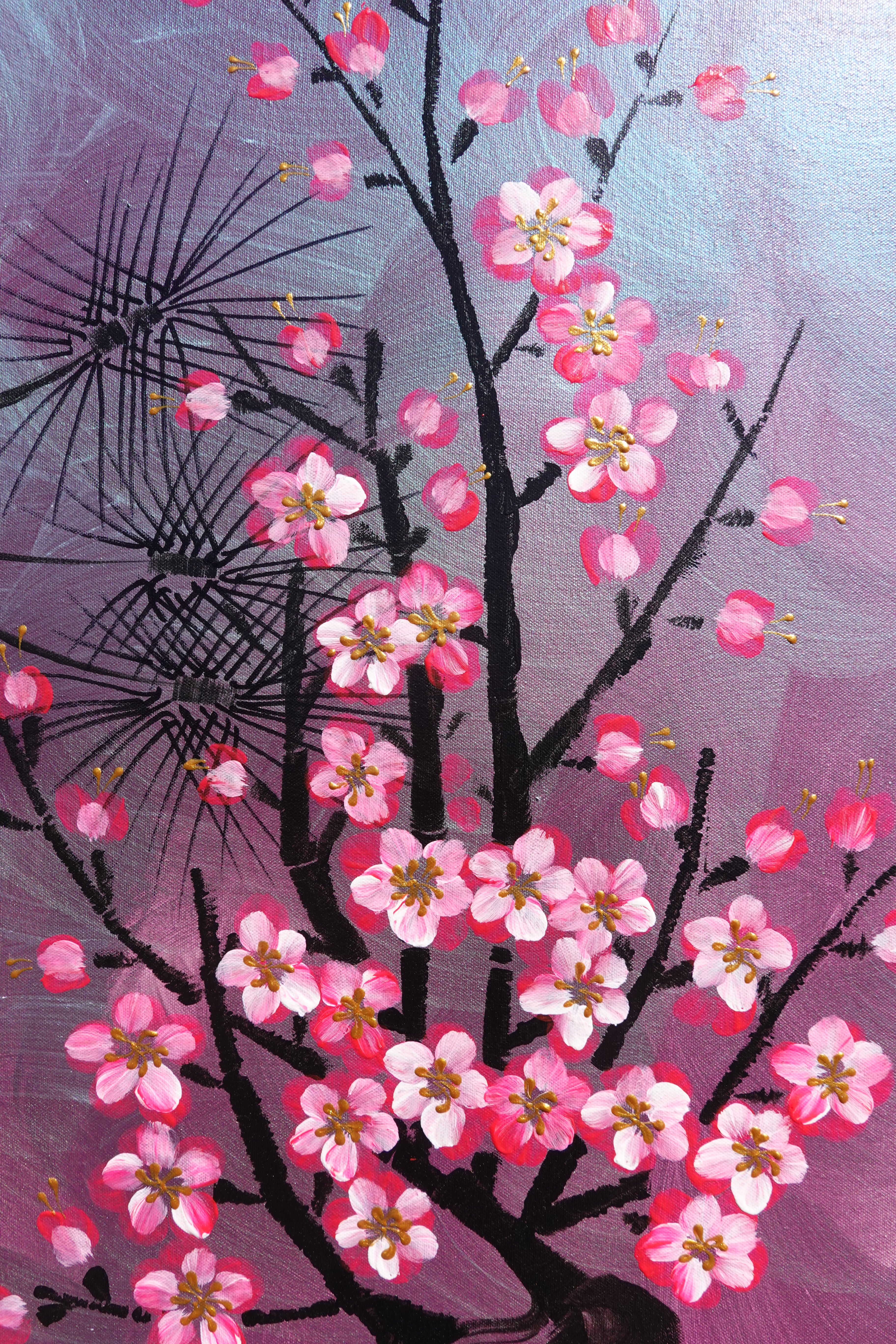 Love Birds and Sakura J503 — purple pearlescent Japanese Painting | Large Acrylic on Canvas | Ksavera