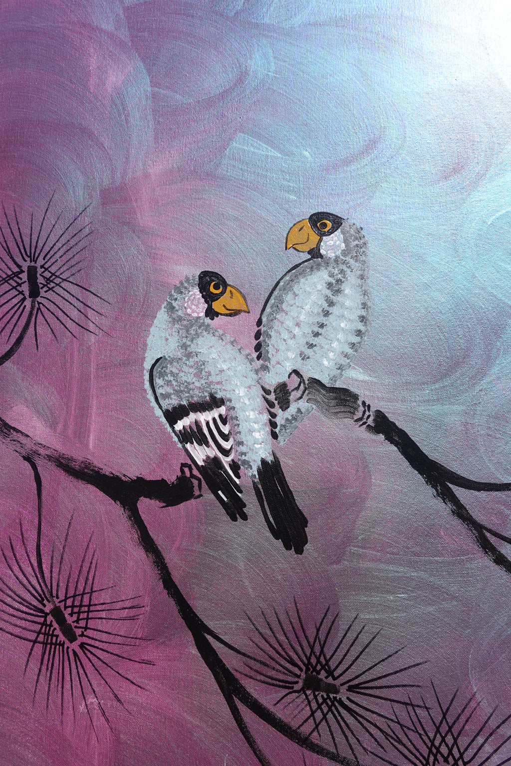 Love Birds and Sakura J503 — purple pearlescent Japanese Painting | Large Acrylic on Canvas | Ksavera