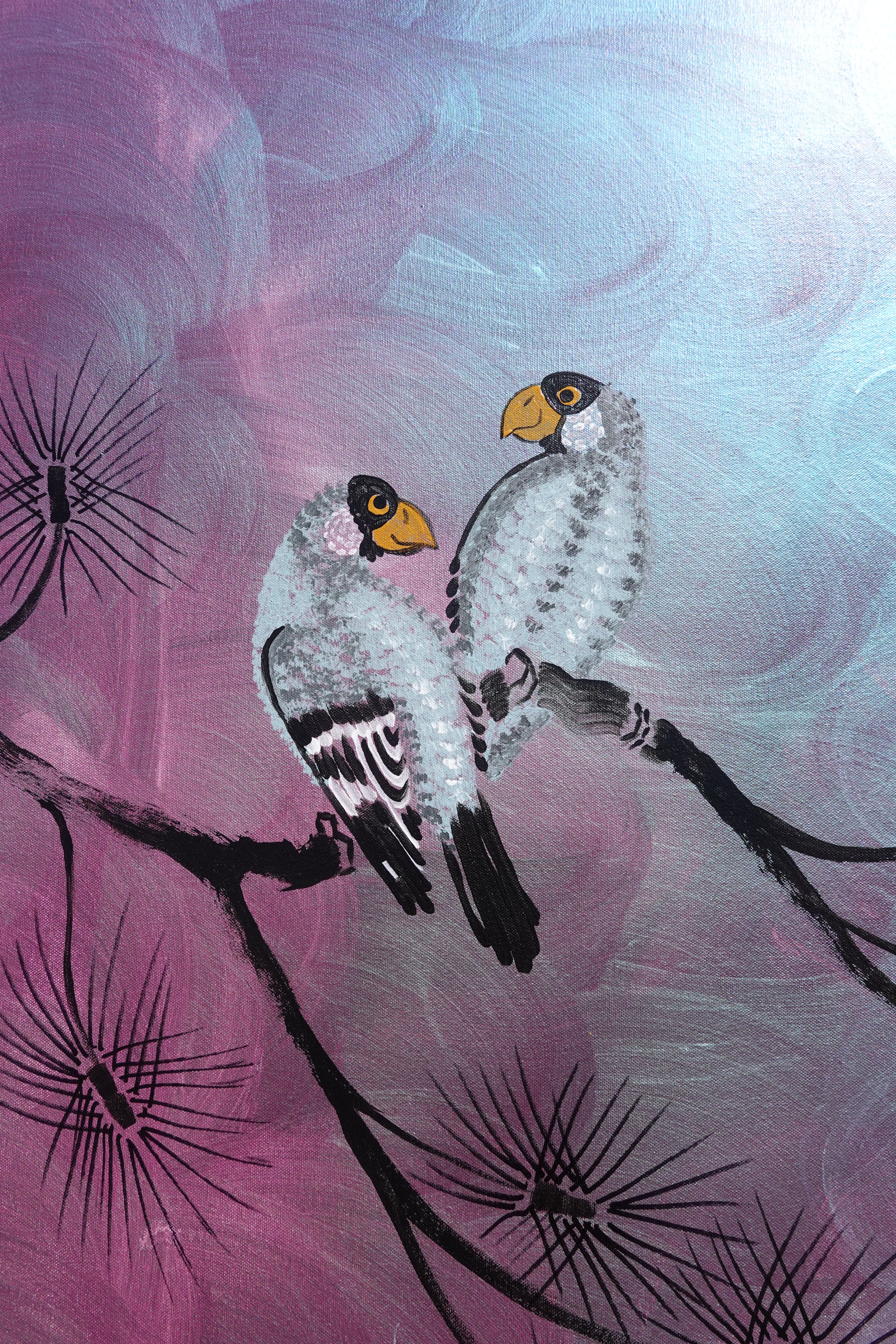 Love Birds and Sakura J503 — purple pearlescent Japanese Painting | Large Acrylic on Canvas | Ksavera