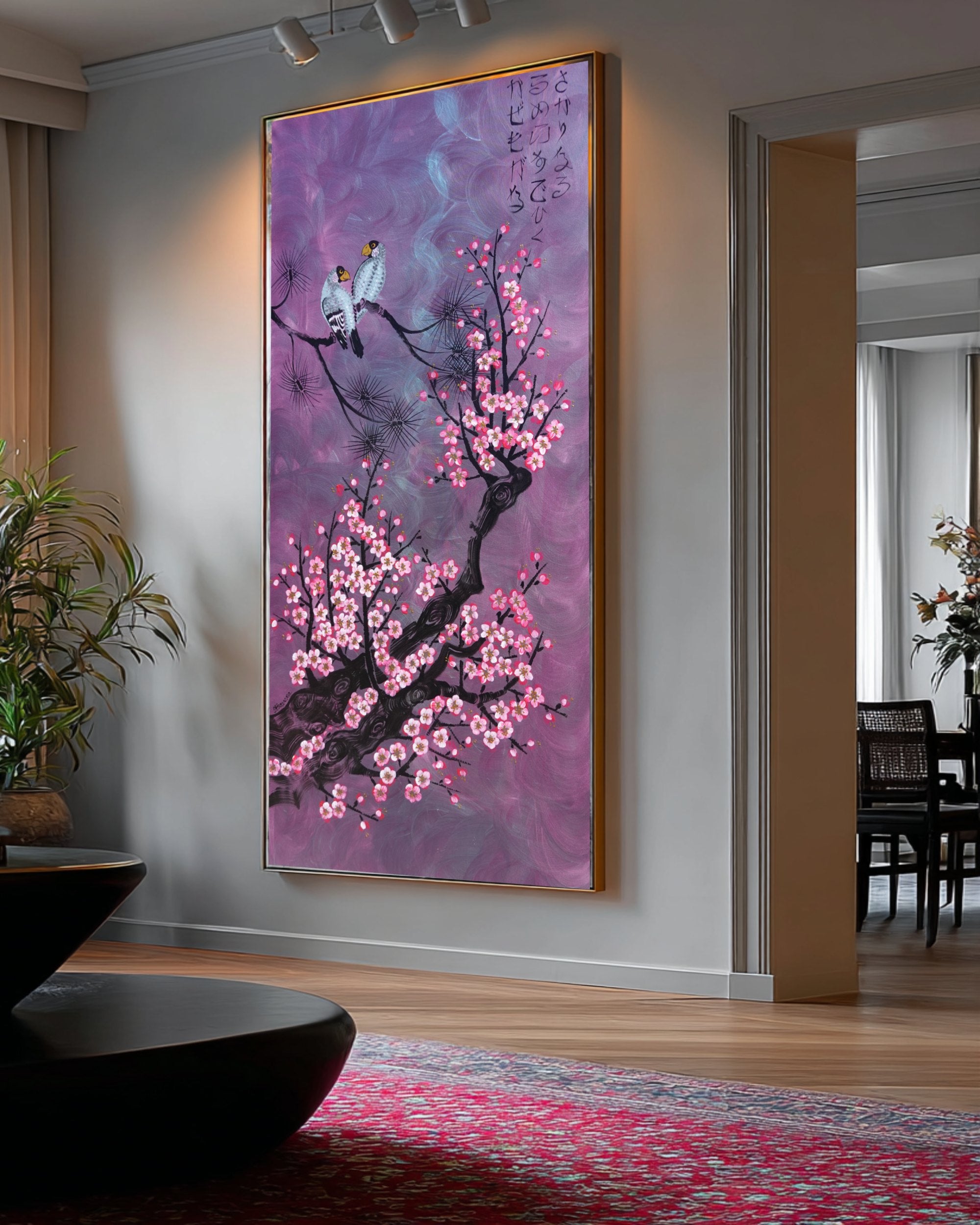 Love Birds and Sakura J503 — purple pearlescent Japanese Painting | Large Acrylic on Canvas | Ksavera