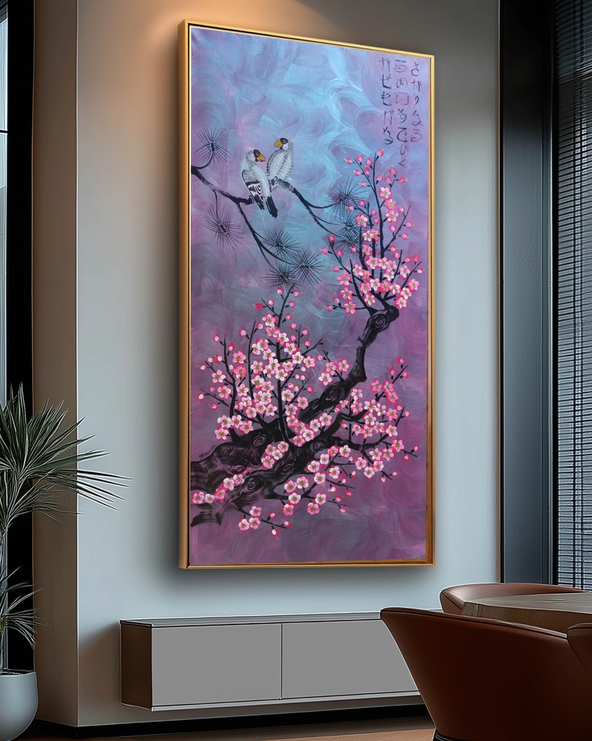 Birds and Sakura J503 — purple pearlescent Japanese Painting