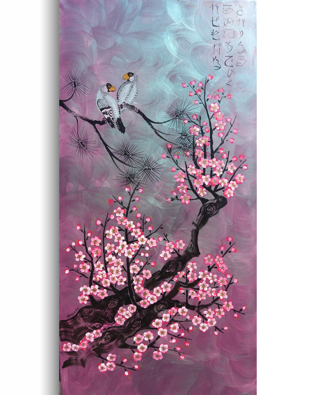 Love Birds and Sakura J503 — purple pearlescent Japanese Painting | Large Acrylic on Canvas | Ksavera