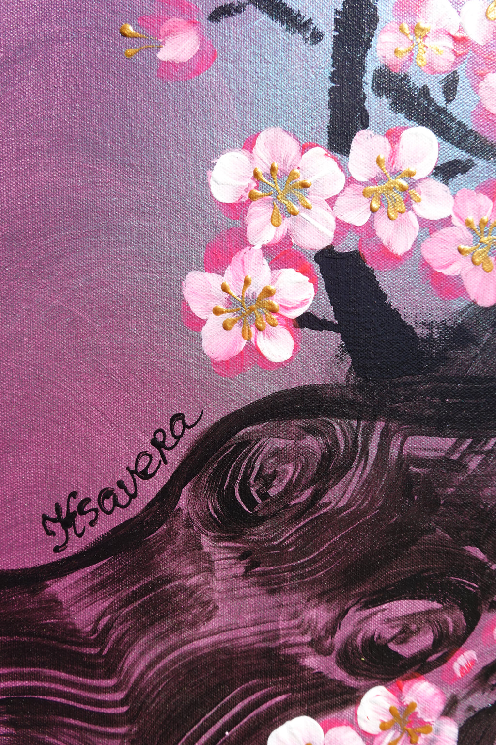 Love Birds and Sakura J503 — purple pearlescent Japanese Painting | Large Acrylic on Canvas | Ksavera