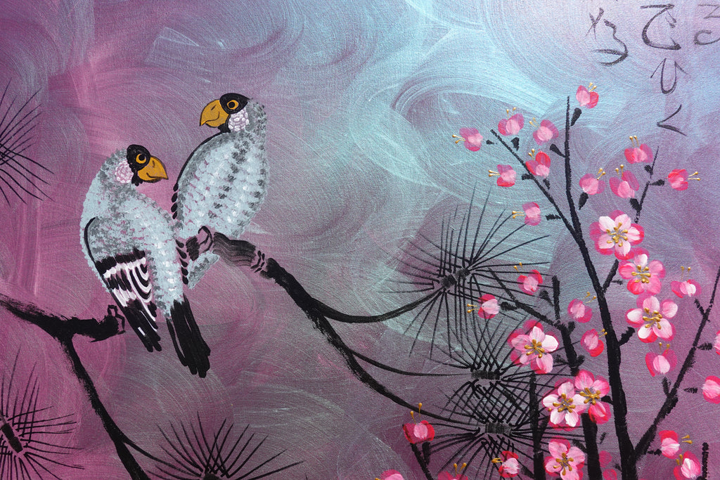 Love Birds and Sakura J503 — purple pearlescent Japanese Painting | Large Acrylic on Canvas | Ksavera