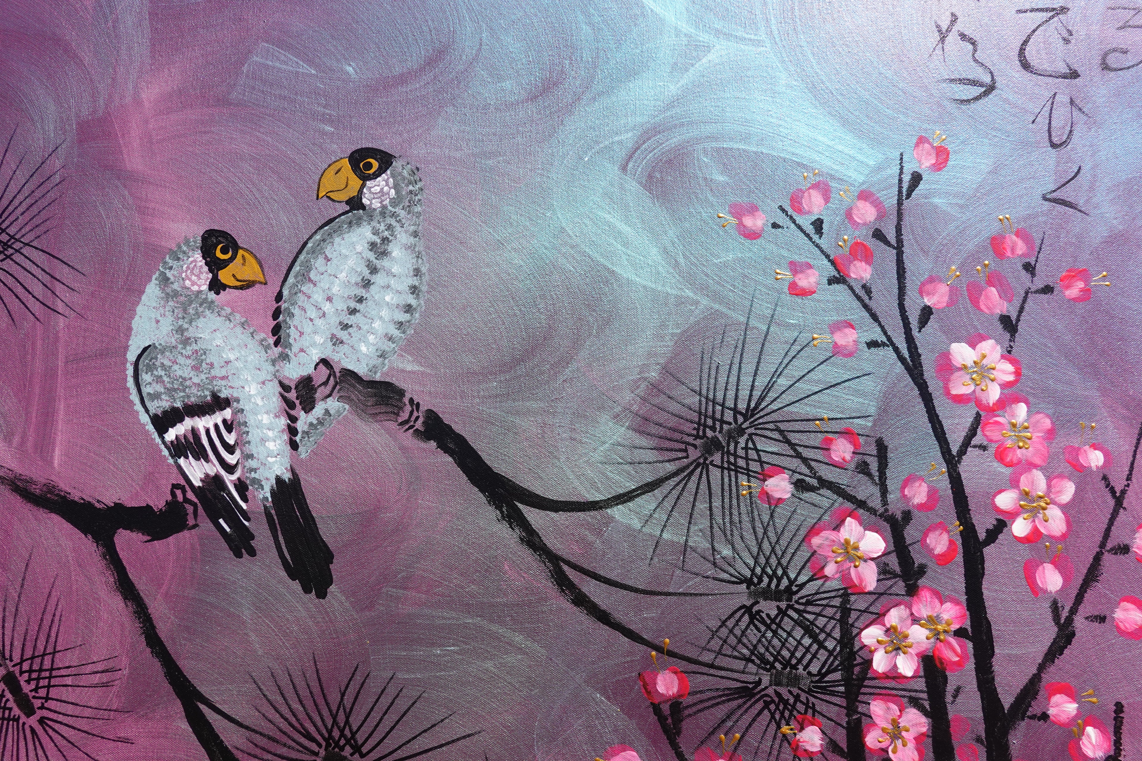 Love Birds and Sakura J503 — purple pearlescent Japanese Painting | Large Acrylic on Canvas | Ksavera