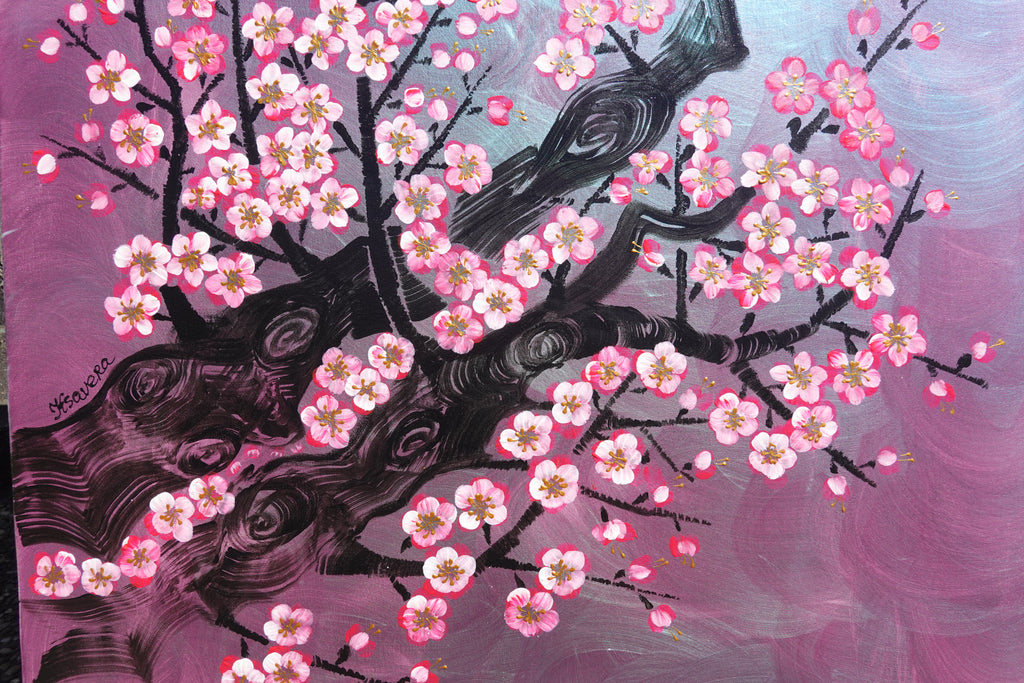 Love Birds and Sakura J503 — purple pearlescent Japanese Painting | Large Acrylic on Canvas | Ksavera