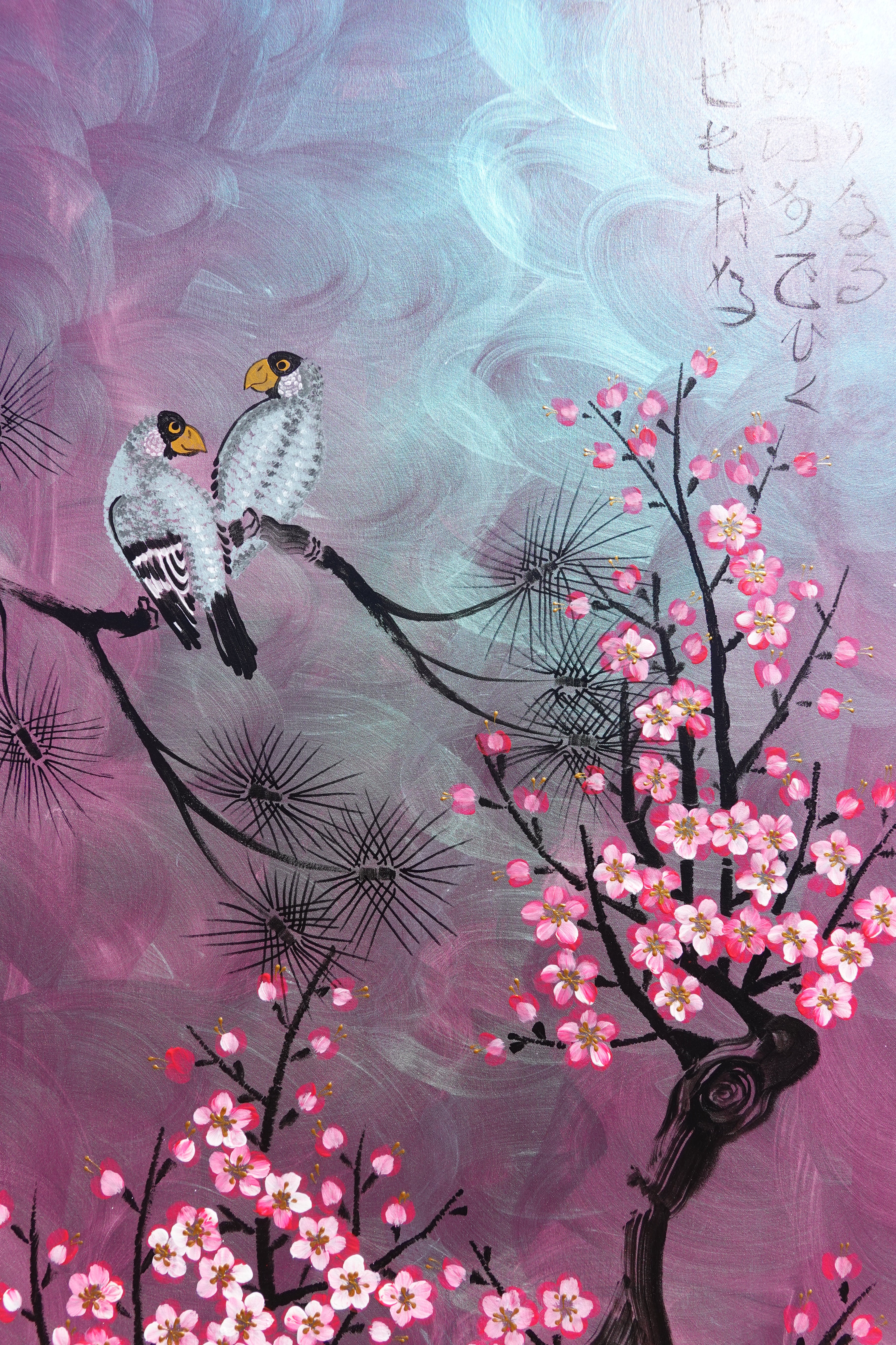 Love Birds and Sakura J503 — purple pearlescent Japanese Painting | Large Acrylic on Canvas | Ksavera