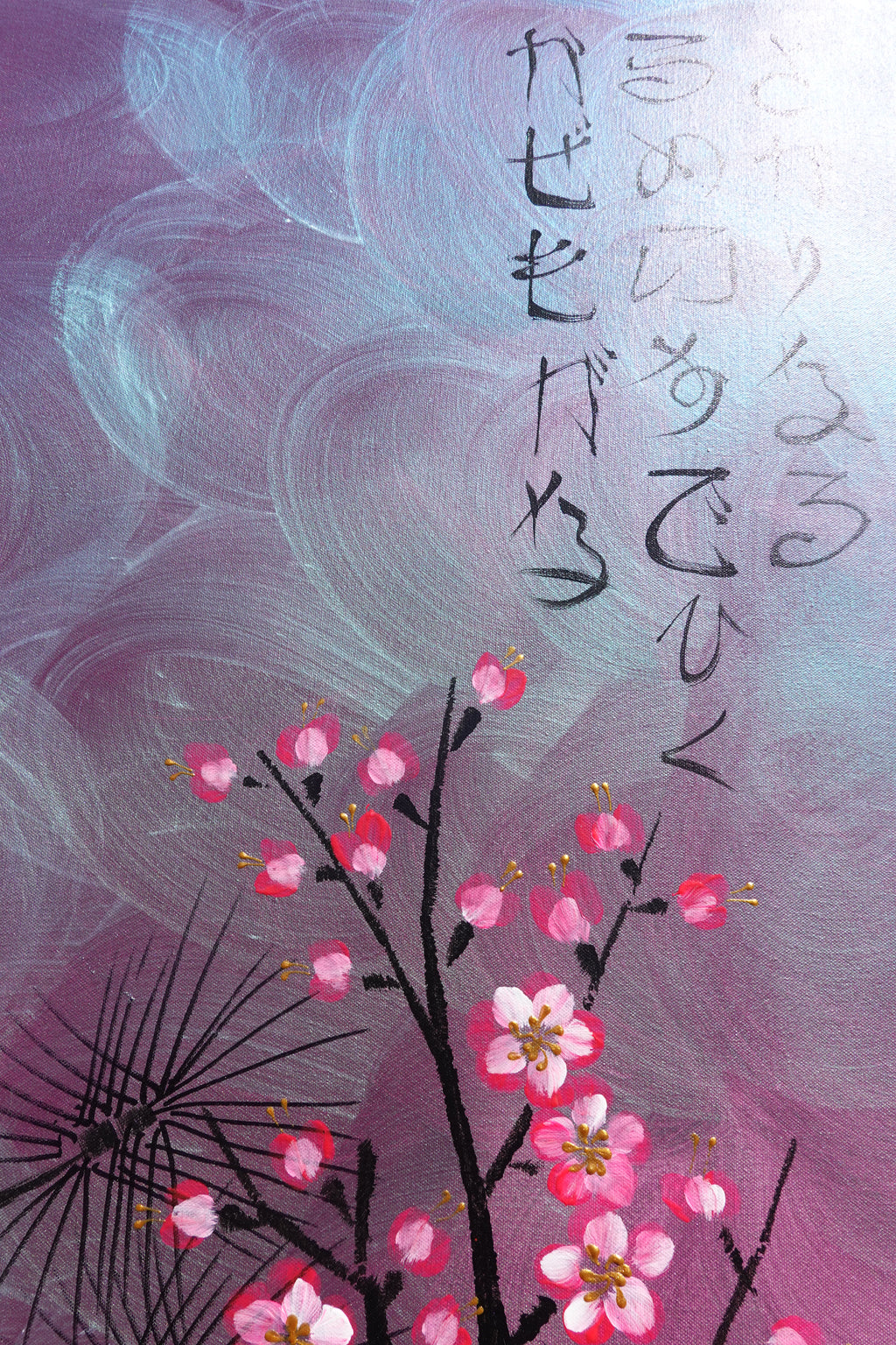 Love Birds and Sakura J503 — purple pearlescent Japanese Painting | Large Acrylic on Canvas | Ksavera