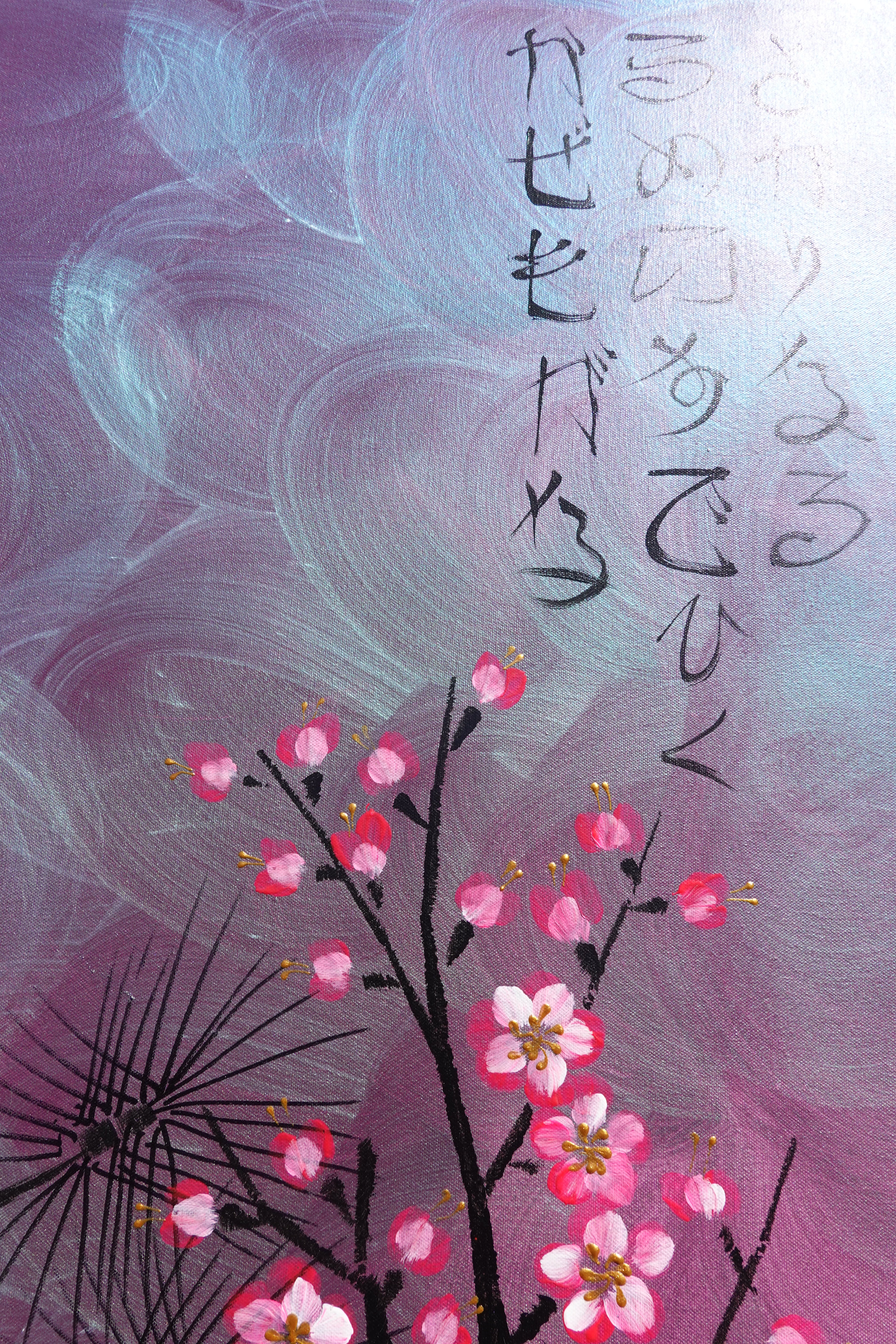 Love Birds and Sakura J503 — purple pearlescent Japanese Painting | Large Acrylic on Canvas | Ksavera