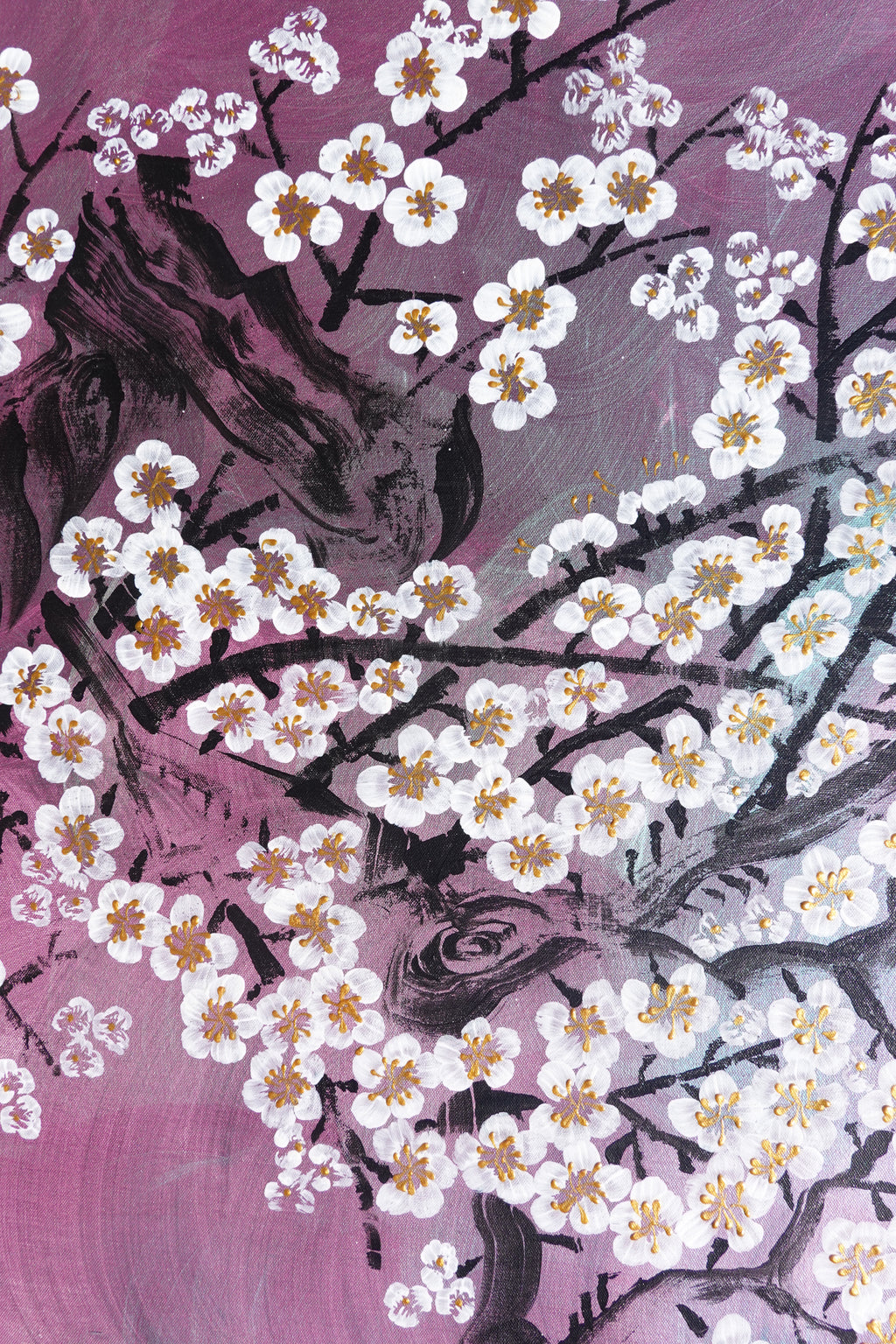 Crane and Sakura J504 — purple pearlescent Japanese Painting | Large Acrylic on Canvas | Ksavera