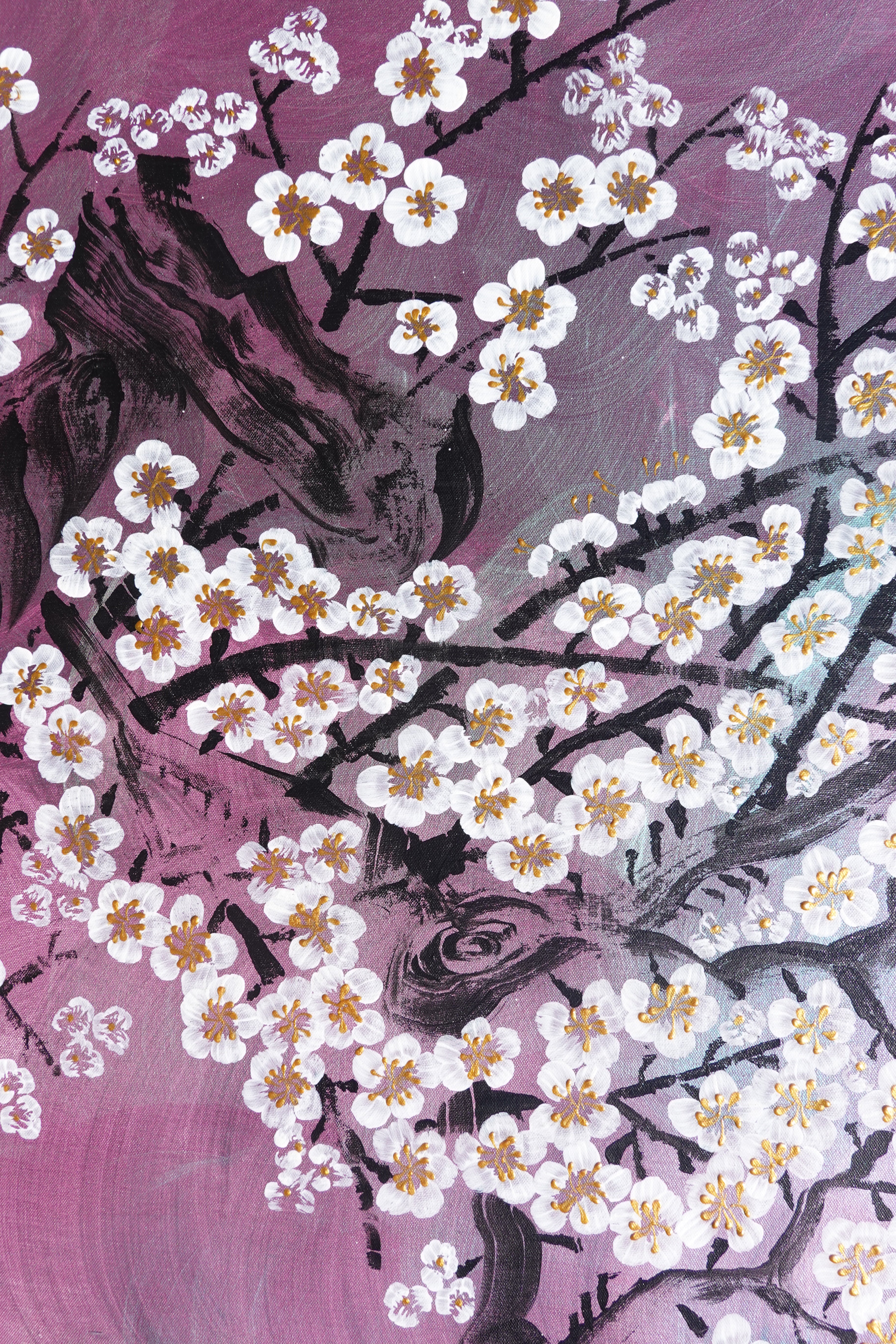 Crane and Sakura J504 — purple pearlescent Japanese Painting | Large Acrylic on Canvas | Ksavera