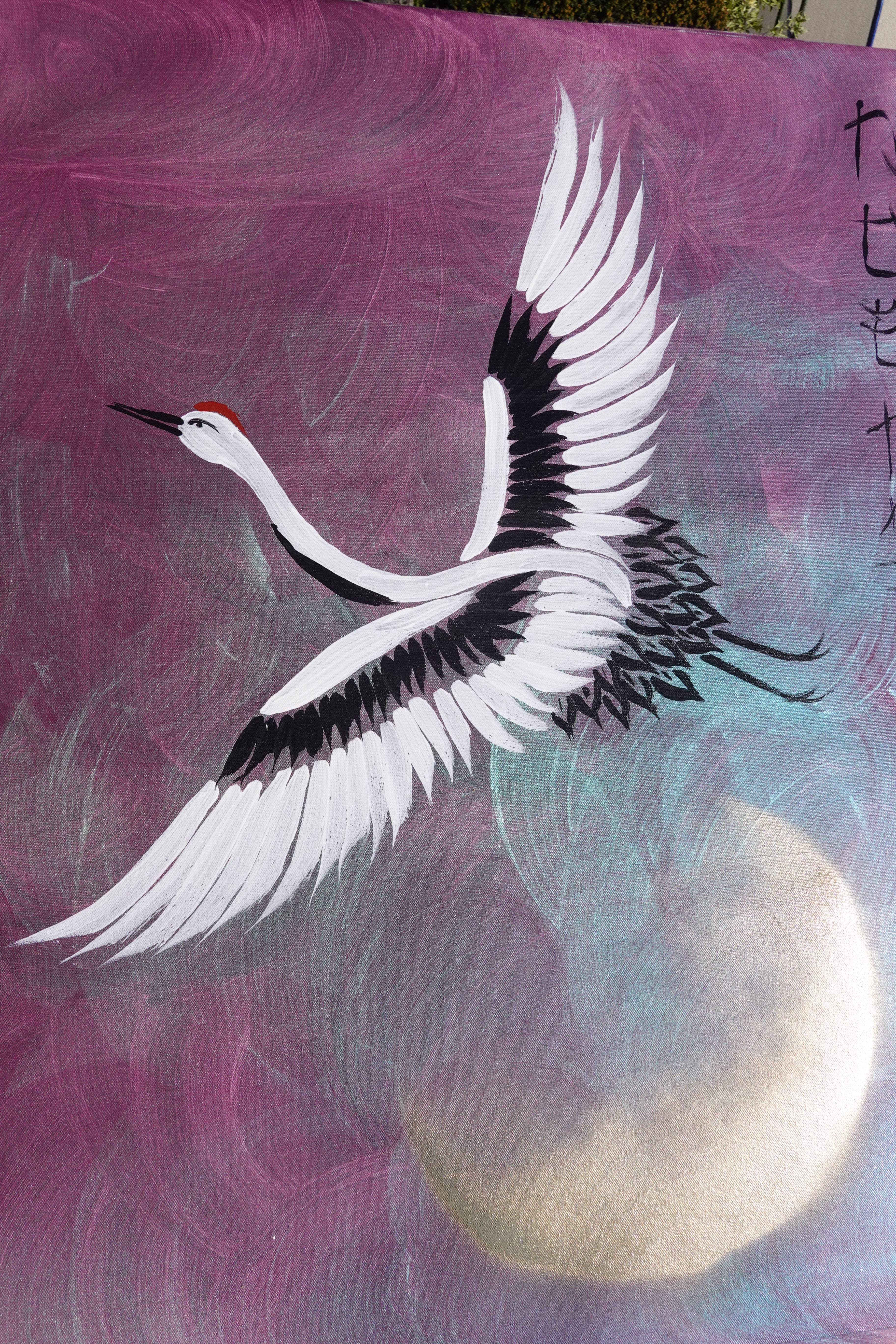 Crane and Sakura J504 — purple pearlescent Japanese Painting | Large Acrylic on Canvas | Ksavera