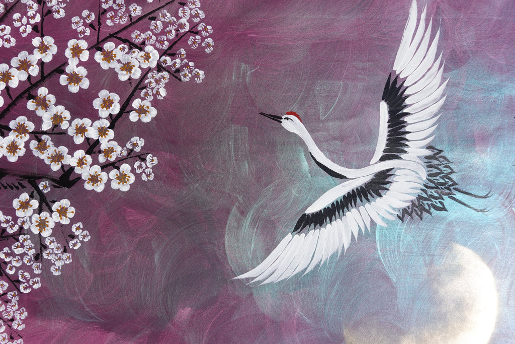 Crane and Sakura J504 — purple pearlescent Japanese Painting | Large Acrylic on Canvas | Ksavera