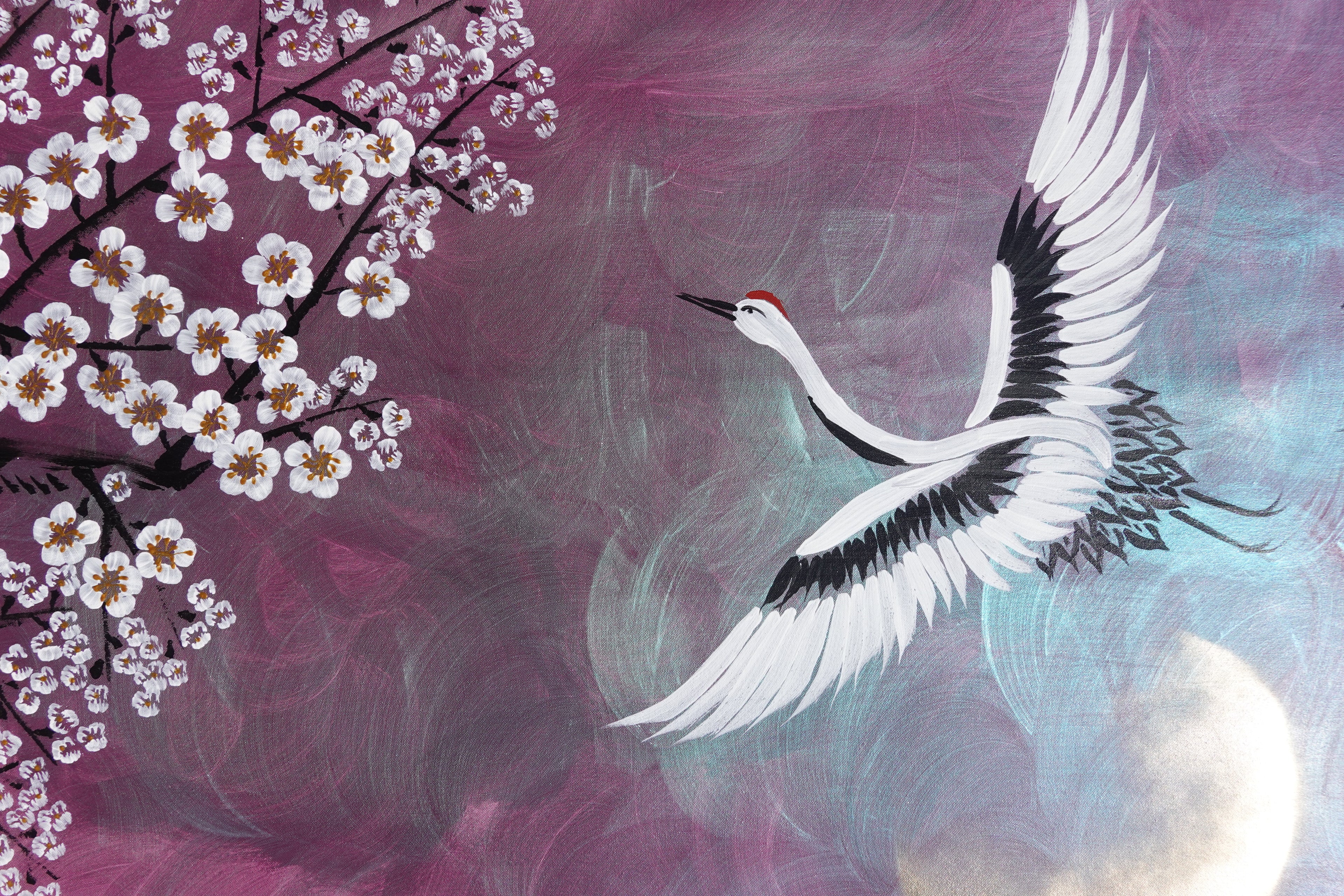 Crane and Sakura J504 — purple pearlescent Japanese Painting | Large Acrylic on Canvas | Ksavera