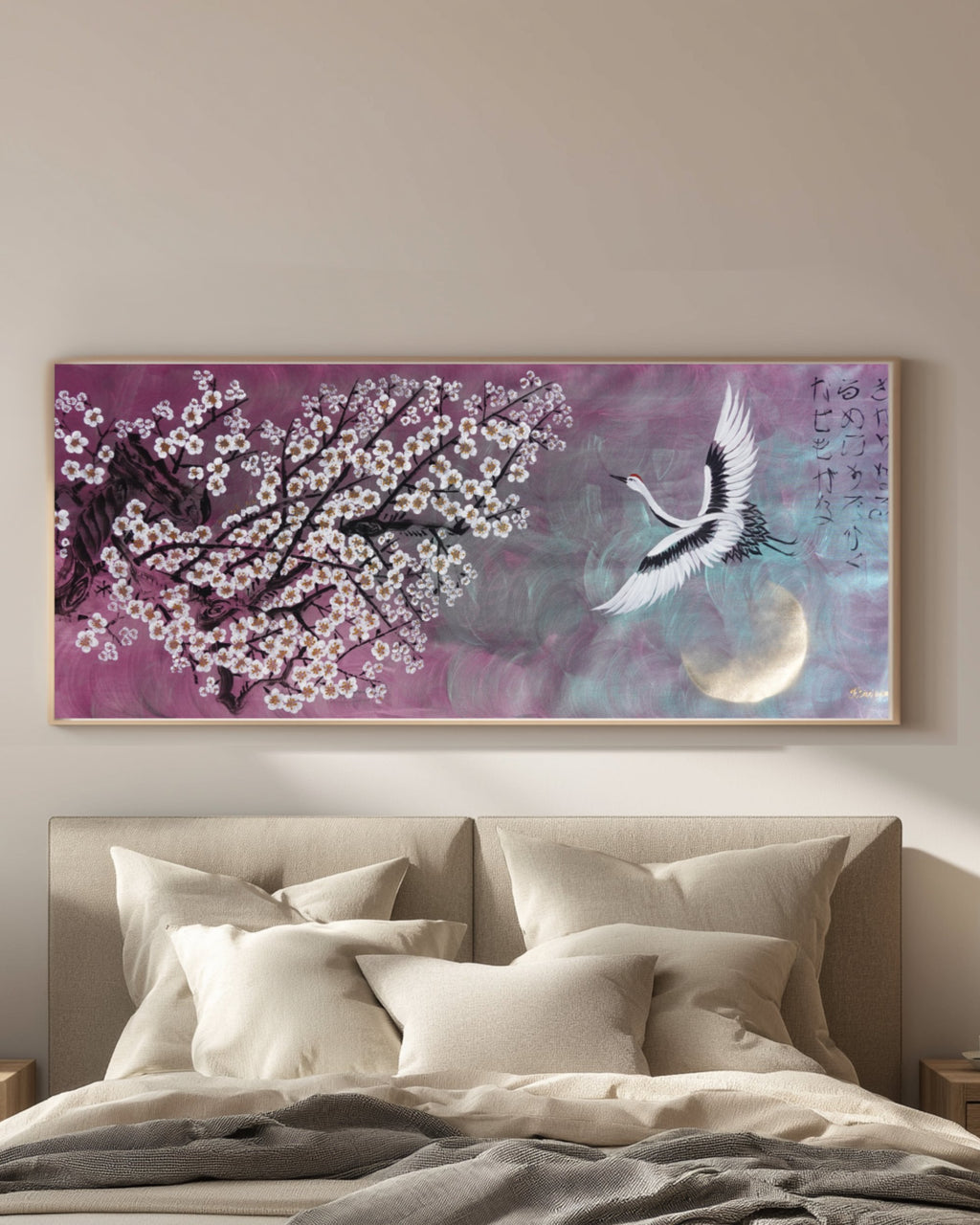 Crane and Sakura J504 — purple pearlescent Japanese Painting | Large Acrylic on Canvas | Ksavera