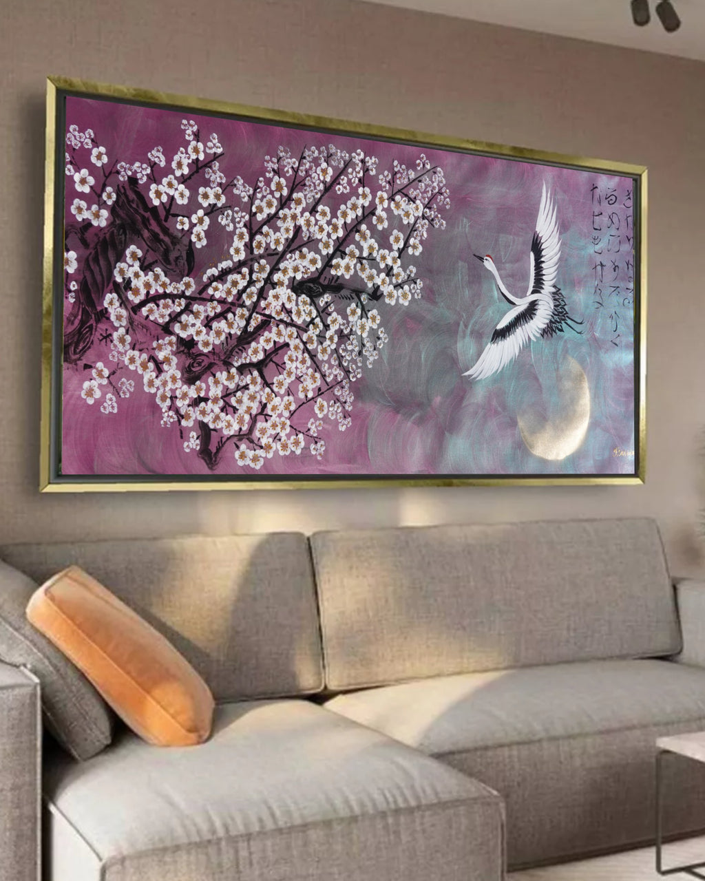 Crane and Sakura J504 — purple pearlescent Japanese Painting | Large Acrylic on Canvas | Ksavera
