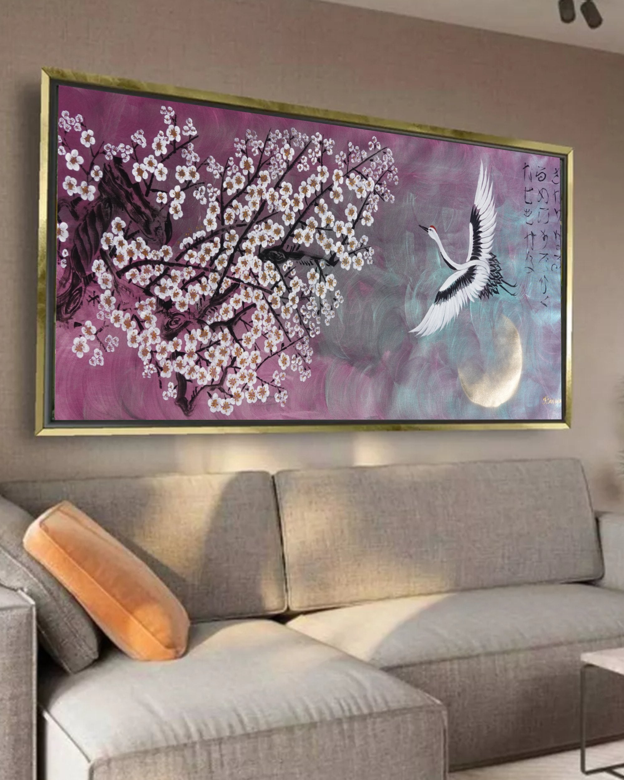 Crane and Sakura J504 — purple pearlescent Japanese Painting | Large Acrylic on Canvas | Ksavera